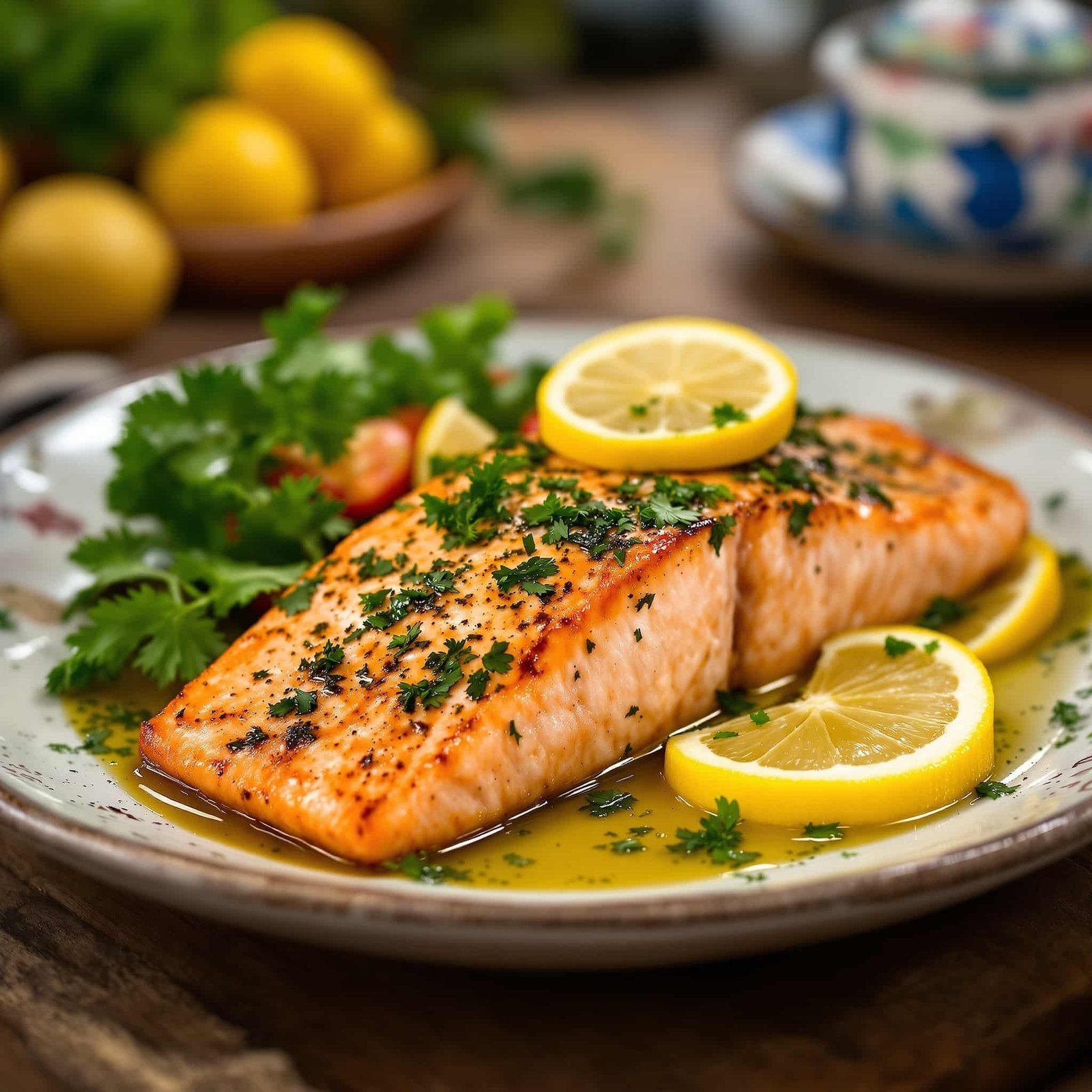 Baked salmon fillets garnished with lemon slices and parsley on a rustic table.