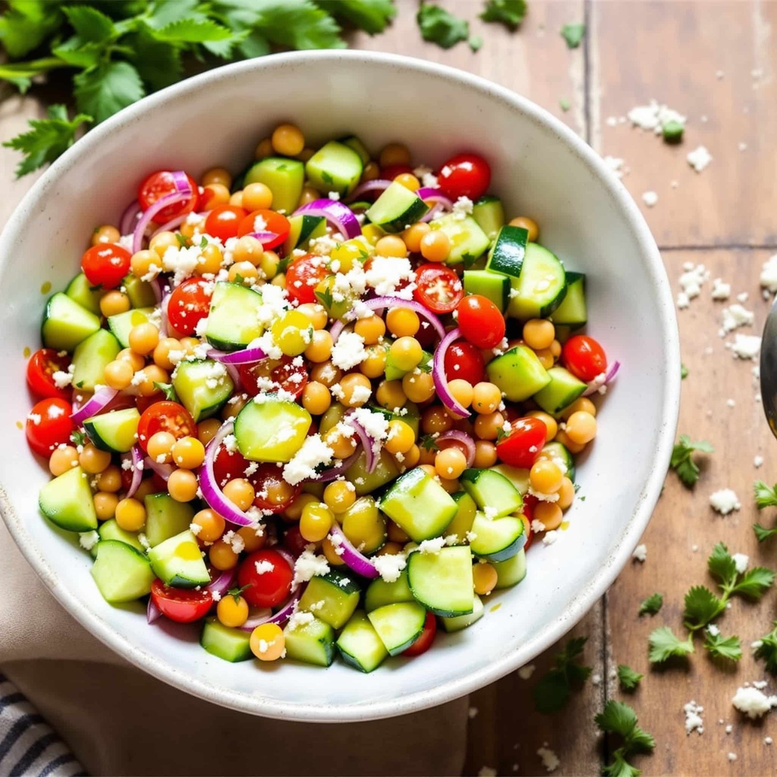 Mediterranean Chickpea and Cucumber Salad Recipe A colorful Mediterranean Chickpea and Cucumber Salad in a bowl, garnished with feta cheese, viewed from above on a rustic table.
