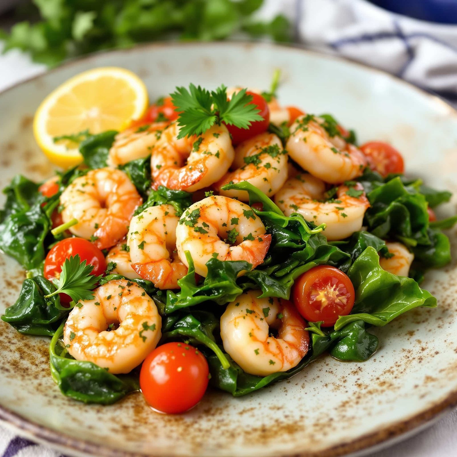 Garlic shrimp sautéed with spinach and tomatoes, garnished with parsley on a rustic plate with lemon slice.