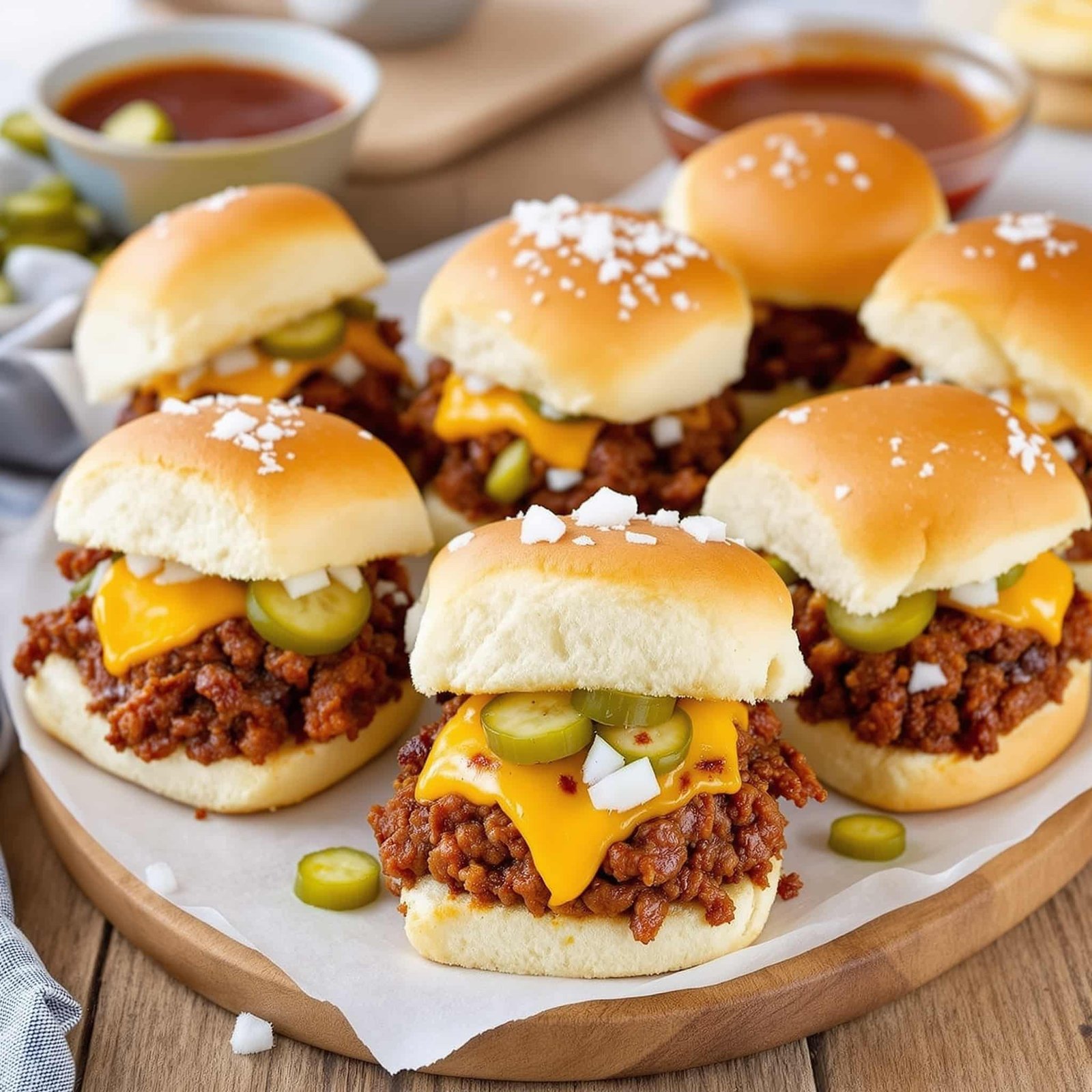 A plate of BBQ beef sliders with ground beef, melted cheese, pickles on slider buns, served with a bowl of BBQ sauce.