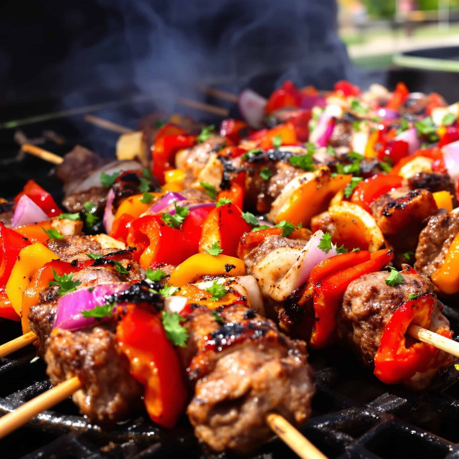 Grilled Lamb Kebabs with Fresh Herbs Recipe Grilled lamb kebabs with peppers and onions, garnished with fresh herbs on a platter.