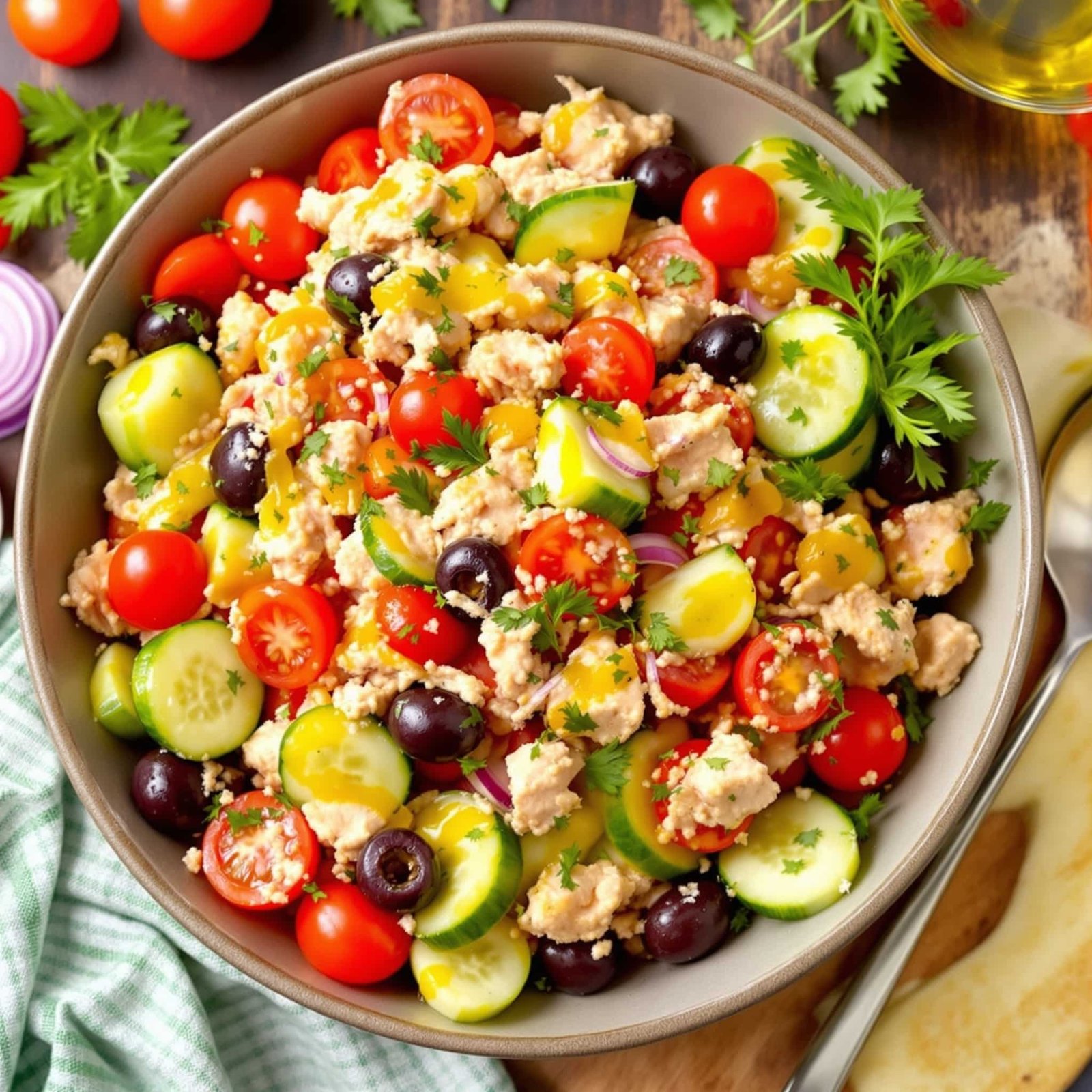 Mediterranean tuna salad with tomatoes, cucumbers, olives, and parsley in a rustic bowl.