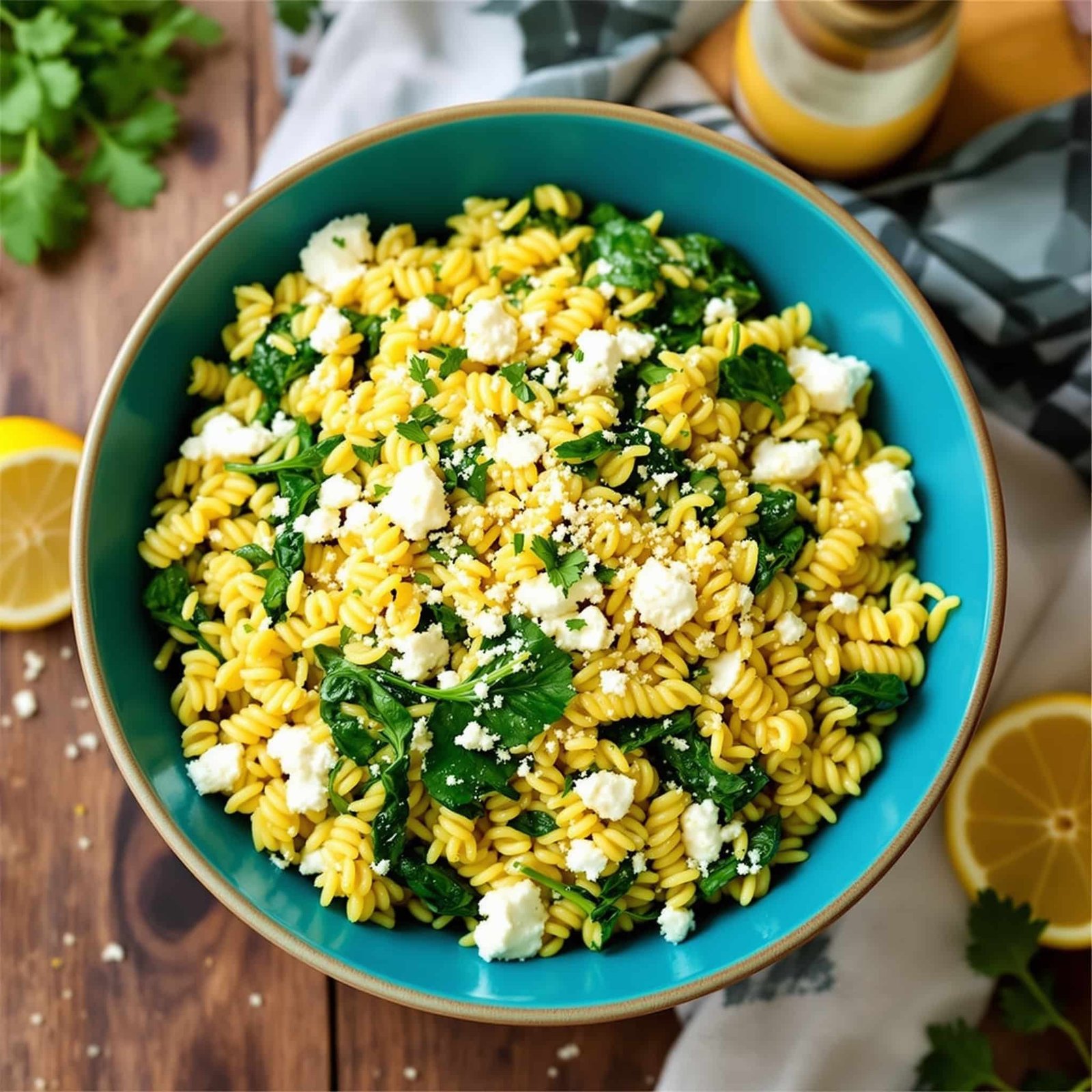 A colorful bowl of Lemon Orzo Pasta with Feta and Spinach, garnished with parsley and lemon zest.