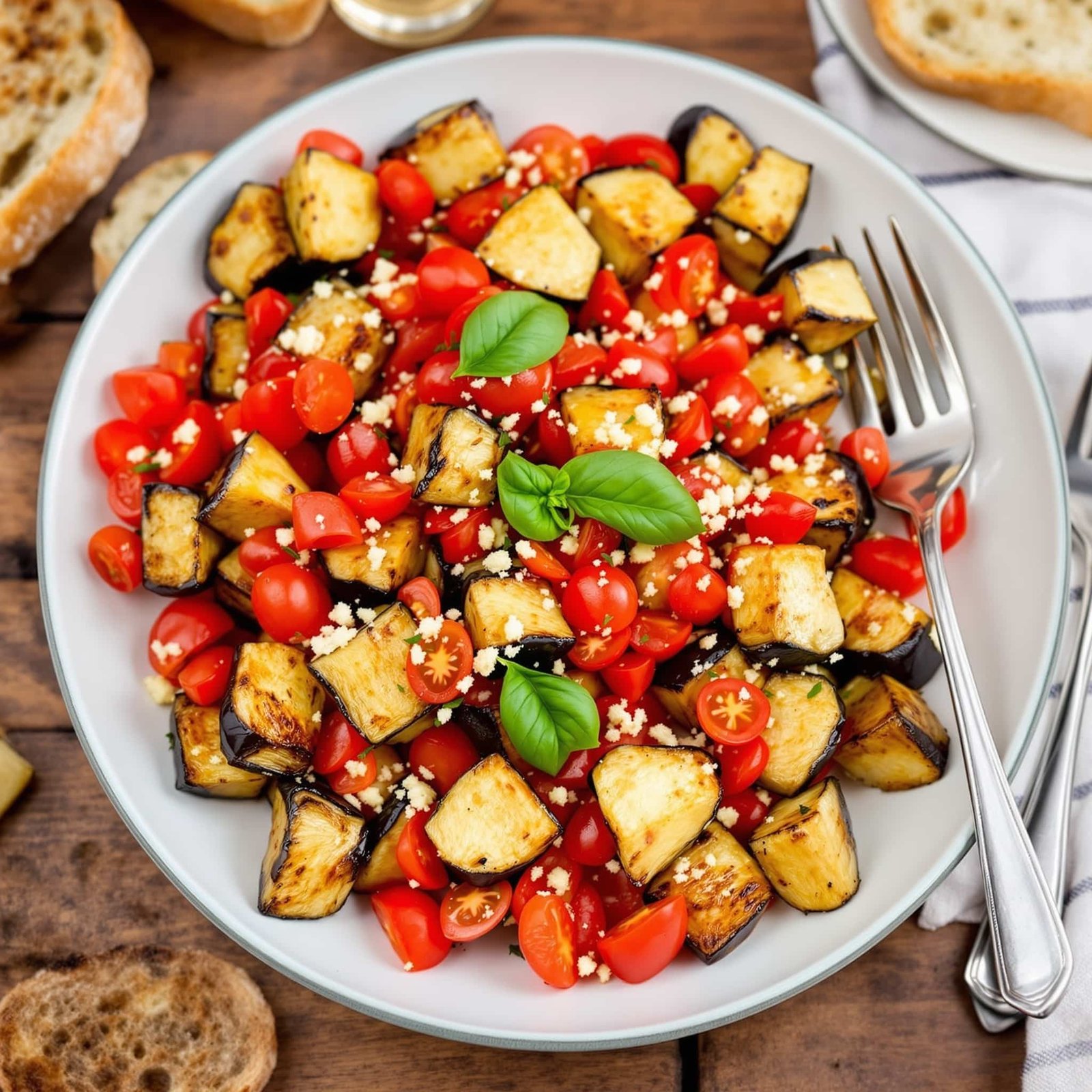 Roasted Eggplant with Tomato and Garlic Recipe Roasted eggplant garnished with tomatoes and garlic on a plate, with fresh basil, served with crusty bread.