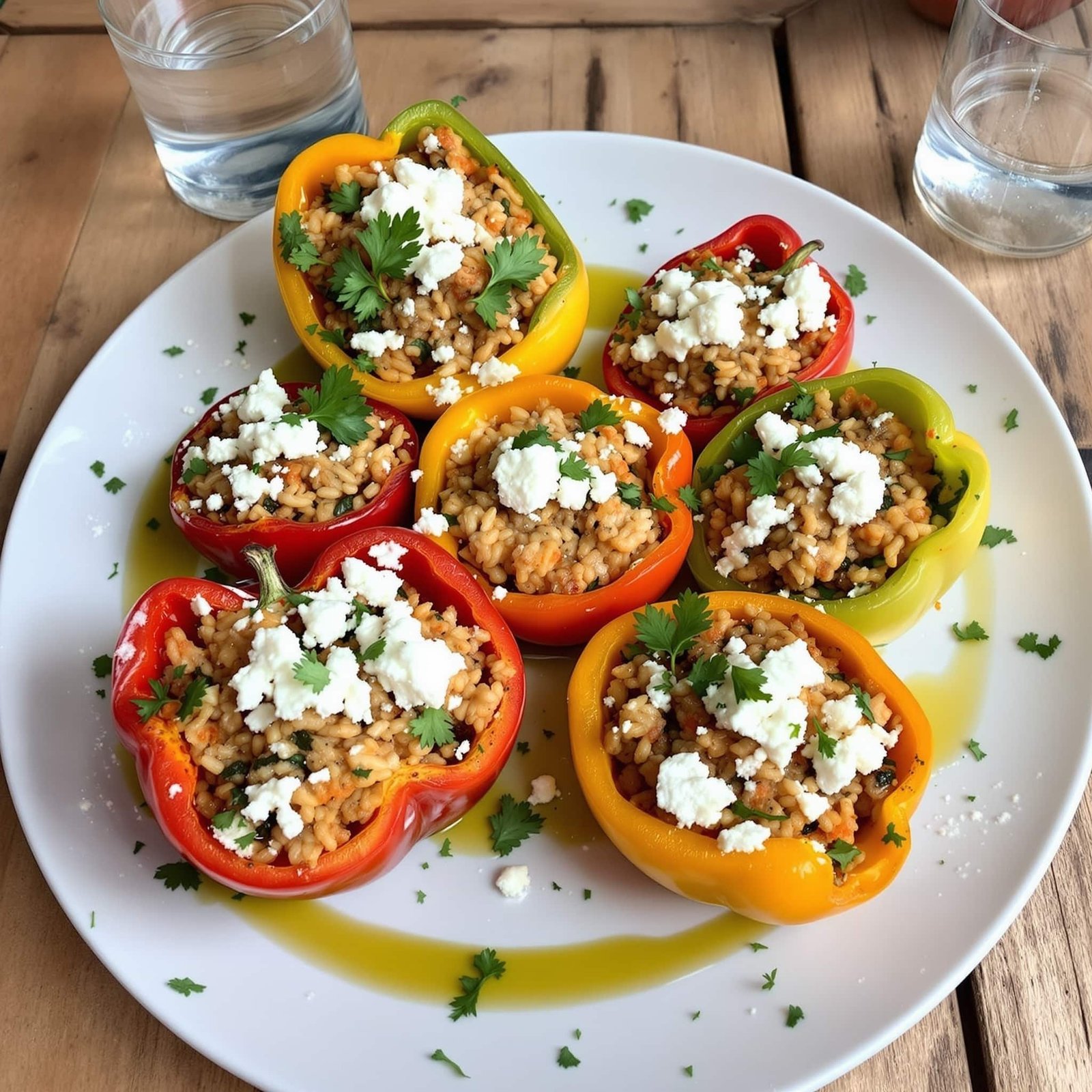 Stuffed bell peppers filled with rice and herbs, topped with feta cheese, on a rustic wooden table.