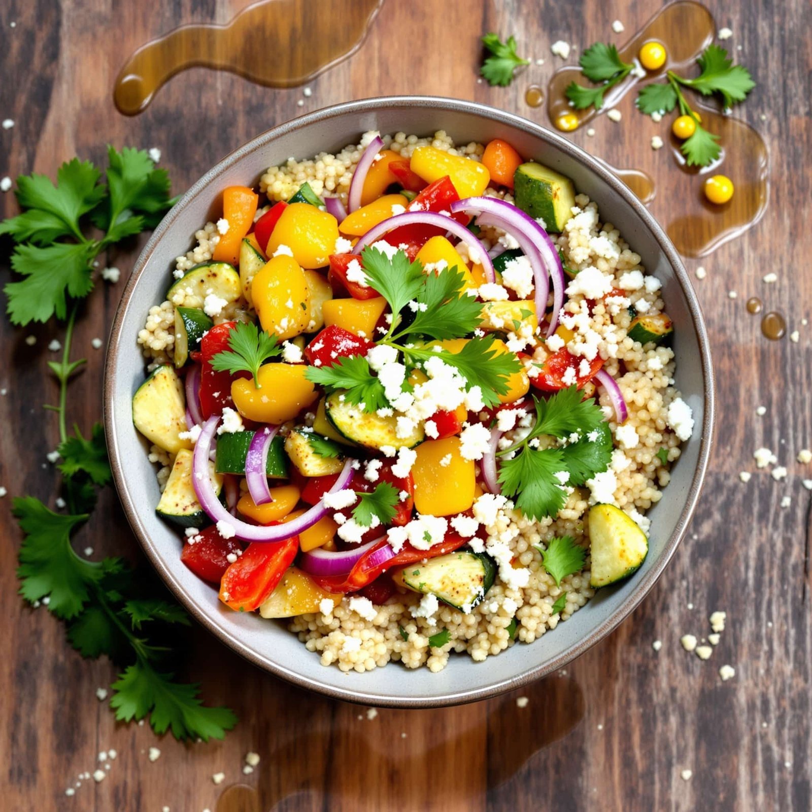 A colorful Mediterranean quinoa bowl with roasted vegetables and parsley garnish on a wooden table.