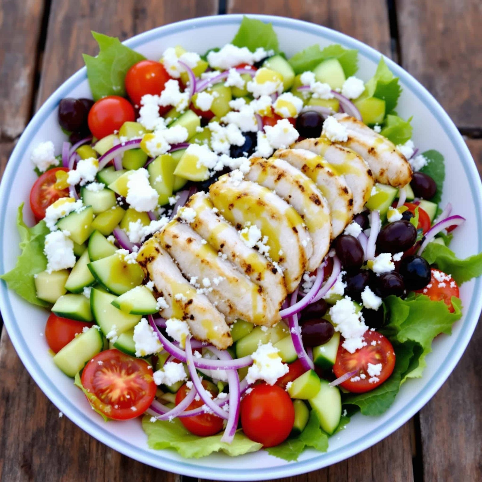 A vibrant grilled chicken Greek salad bowl with mixed greens, tomatoes, cucumbers, red onions, olives, and feta cheese, garnished and lightly dressed.