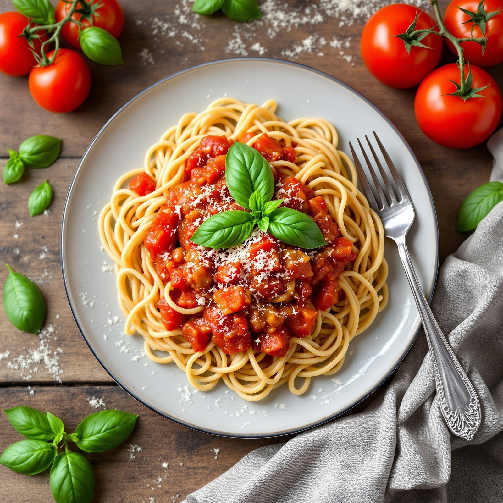 Whole wheat pasta with tomato basil sauce, garnished with basil and Parmesan cheese on a rustic table.