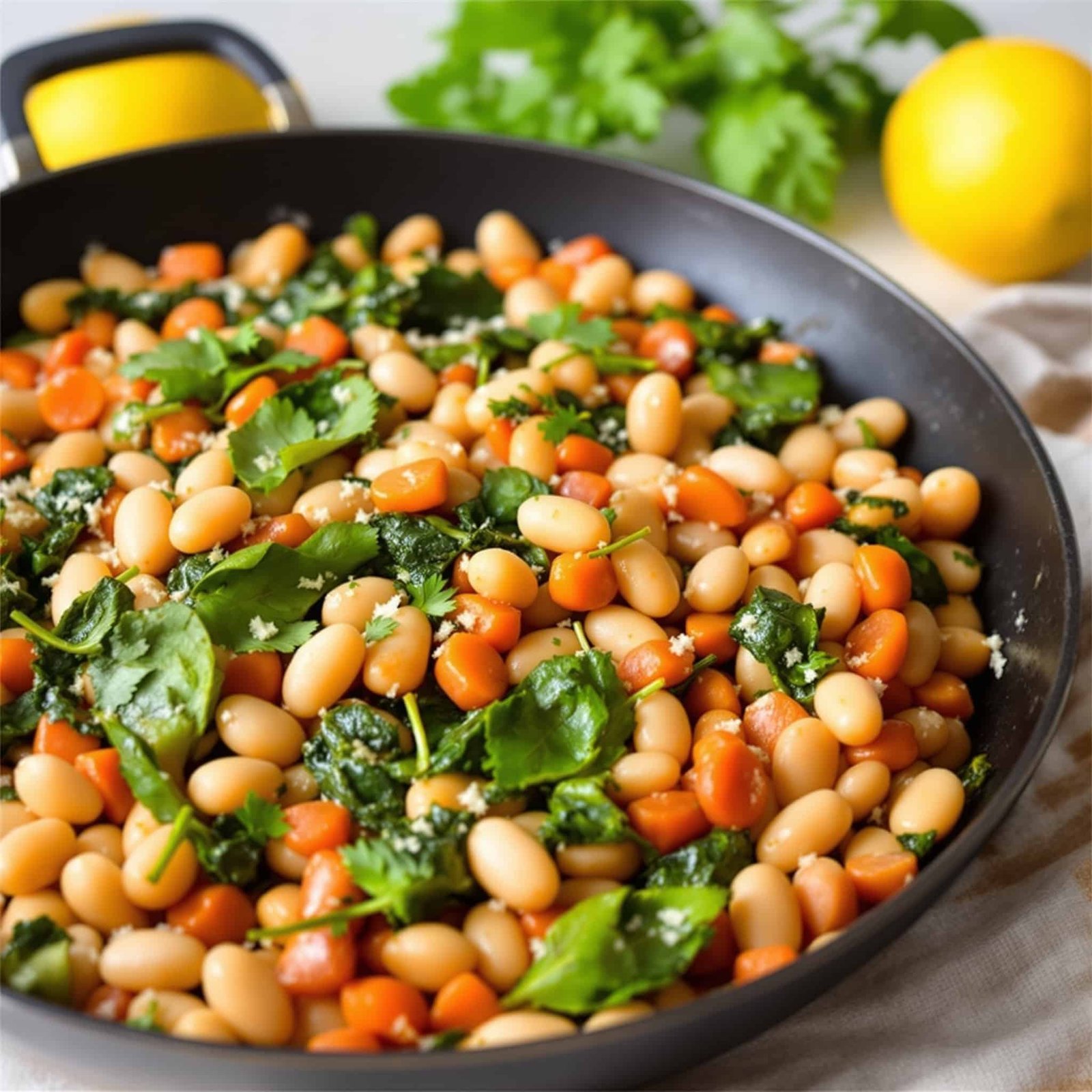 A colorful skillet of white beans and spinach, garnished with parsley, on a rustic kitchen counter.