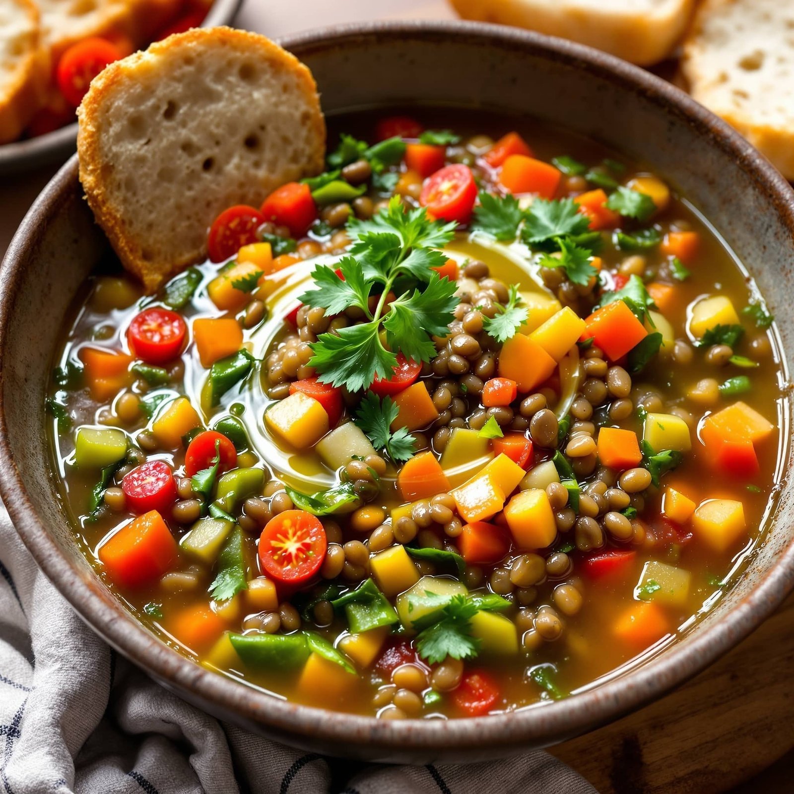 A bowl of Mediterranean lentil vegetable soup filled with lentils, tomatoes, carrots, and greens, garnished with parsley, on a rustic wooden table with bread.