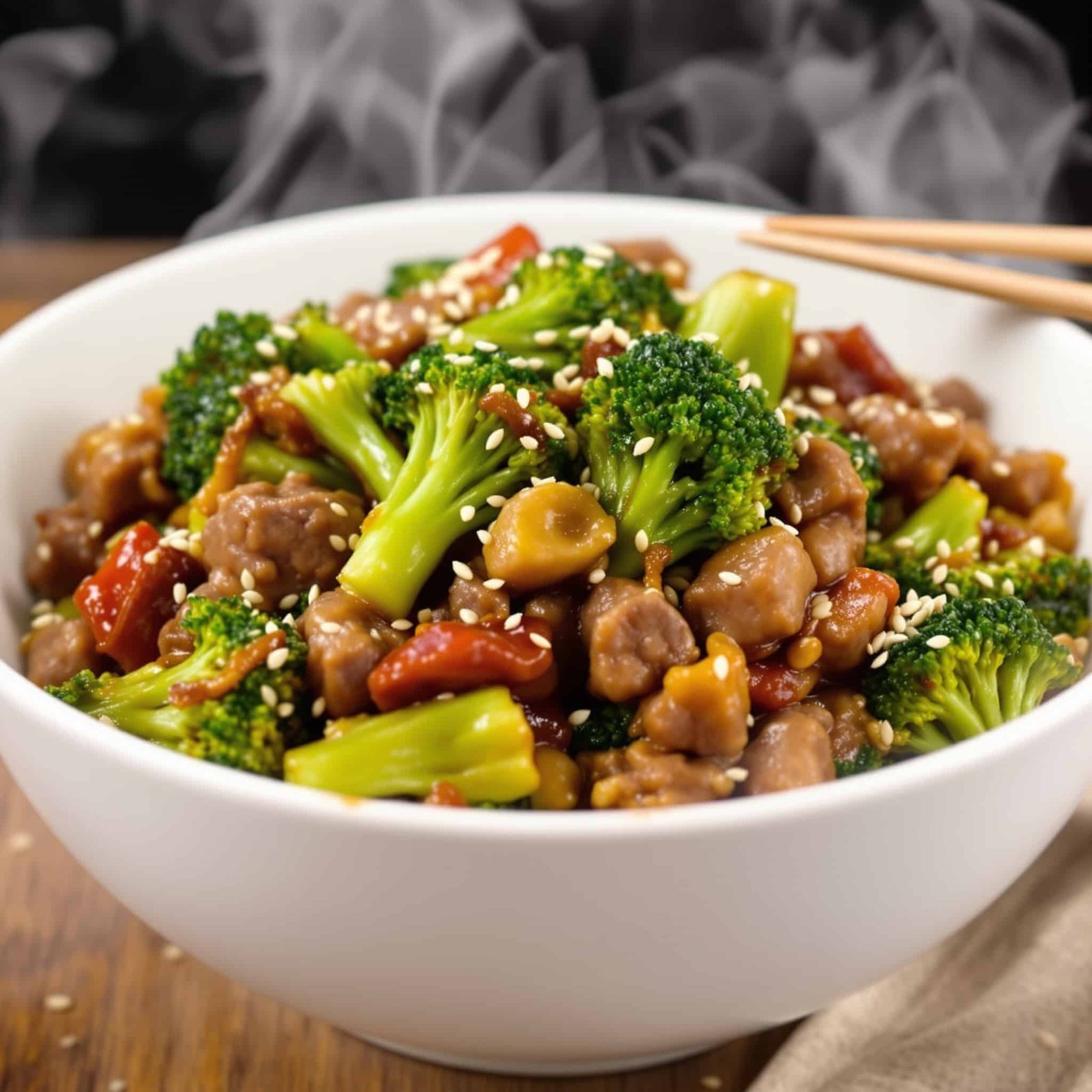 Beef and Broccoli Stir Fry in a bowl with ground beef, broccoli, and garnished with sesame seeds, served with chopsticks.