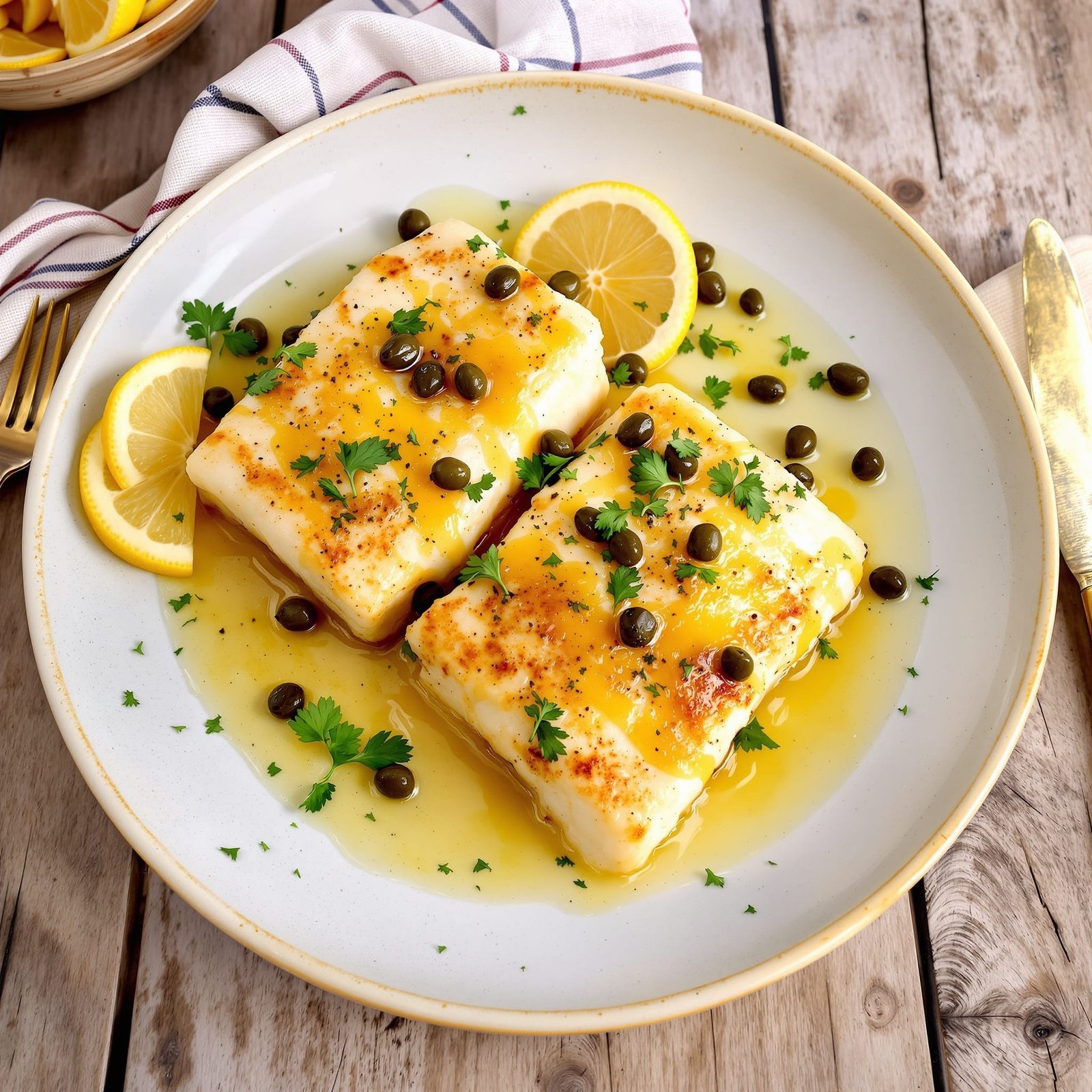 Baked cod fillets with lemon and capers, garnished with parsley, served on a rustic wooden table.