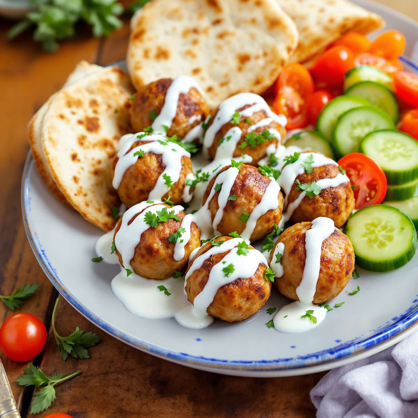 A plate of golden-brown Greek turkey meatballs served with tzatziki sauce and fresh veggies.