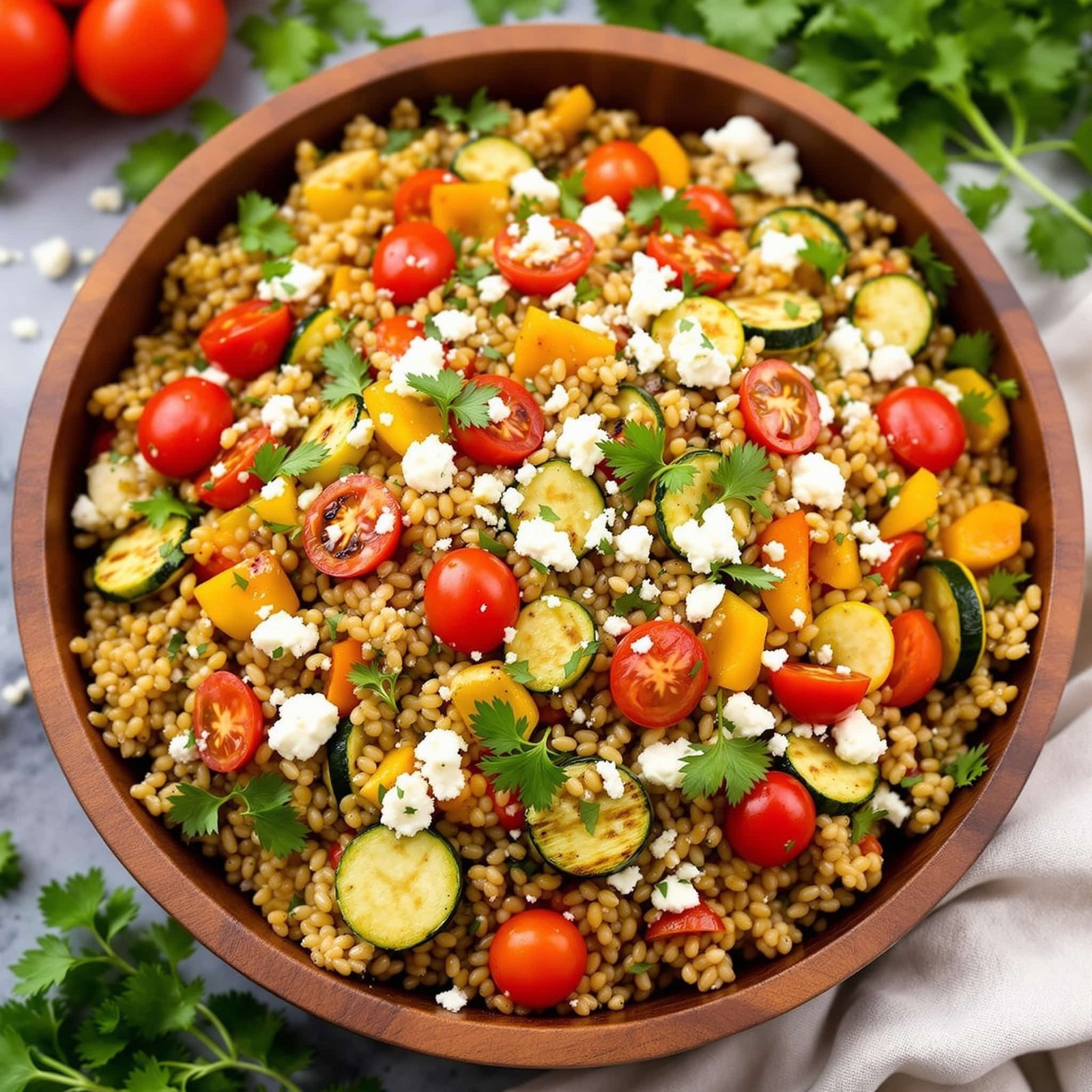 A colorful Mediterranean Farro Salad with grilled vegetables and feta cheese garnished with parsley on a wooden bowl.