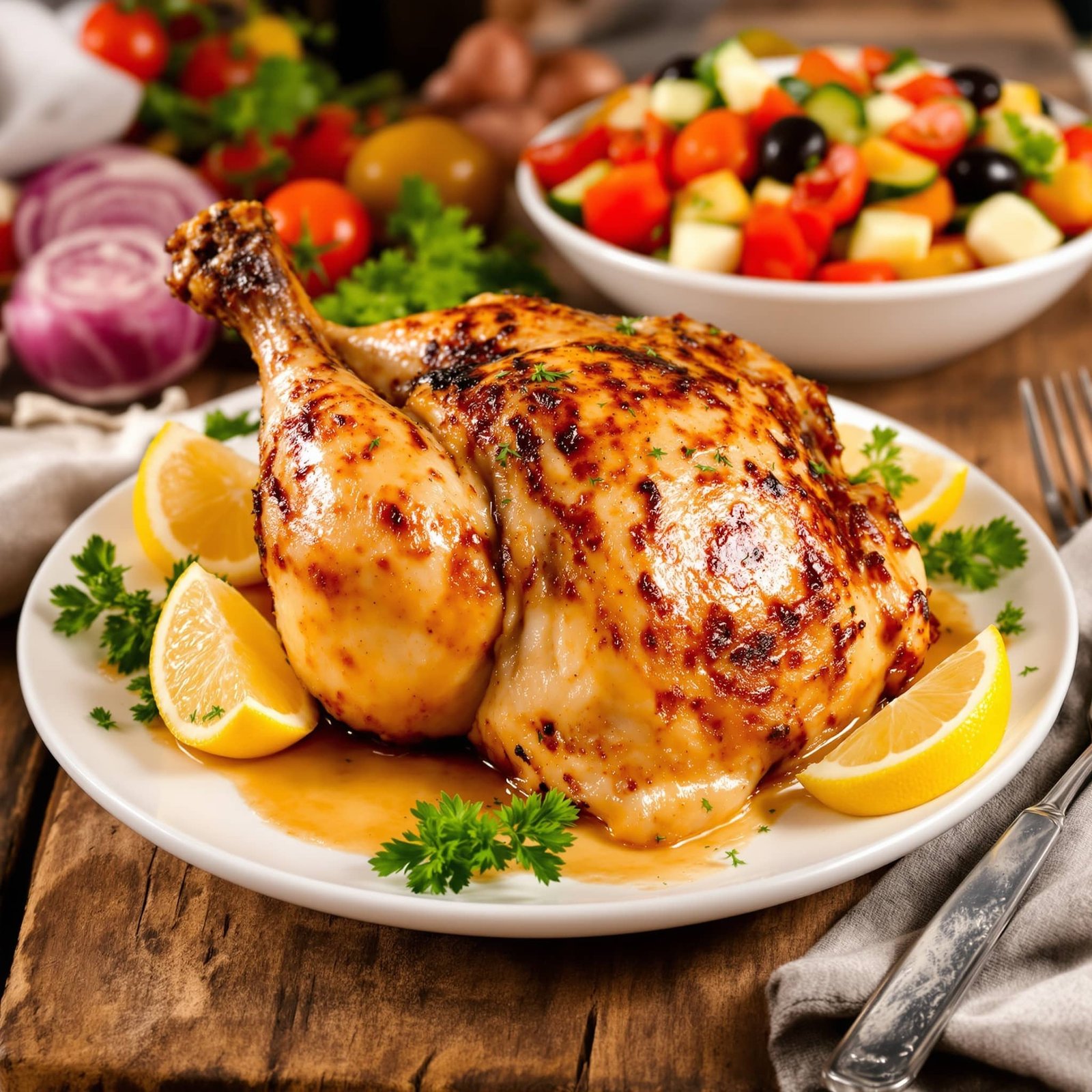 Roasted chicken thigh on a plate with lemon wedges and parsley, accompanied by a Mediterranean salad.