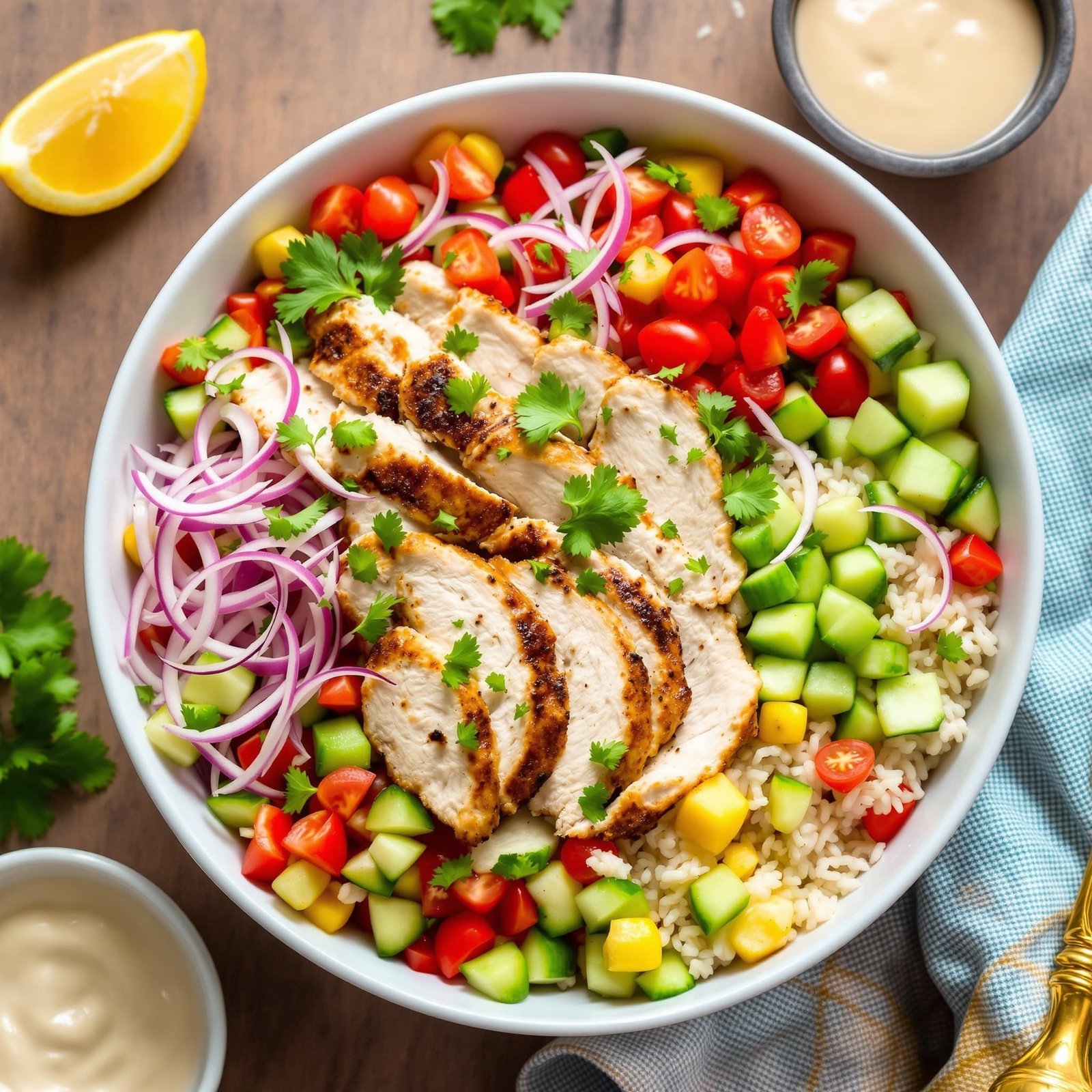 A Chicken Shawarma Bowl with rice, topped with sliced chicken, tomatoes, cucumbers, onions, and parsley, served with lemon and tahini sauce.