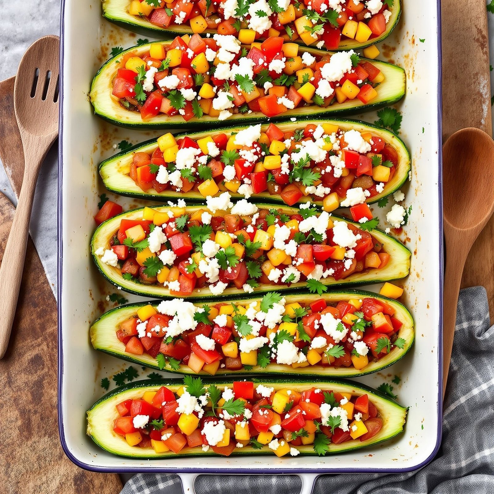 Baked Zucchini Boats stuffed with vegetables and feta cheese, garnished with herbs, in a rustic kitchen setting.