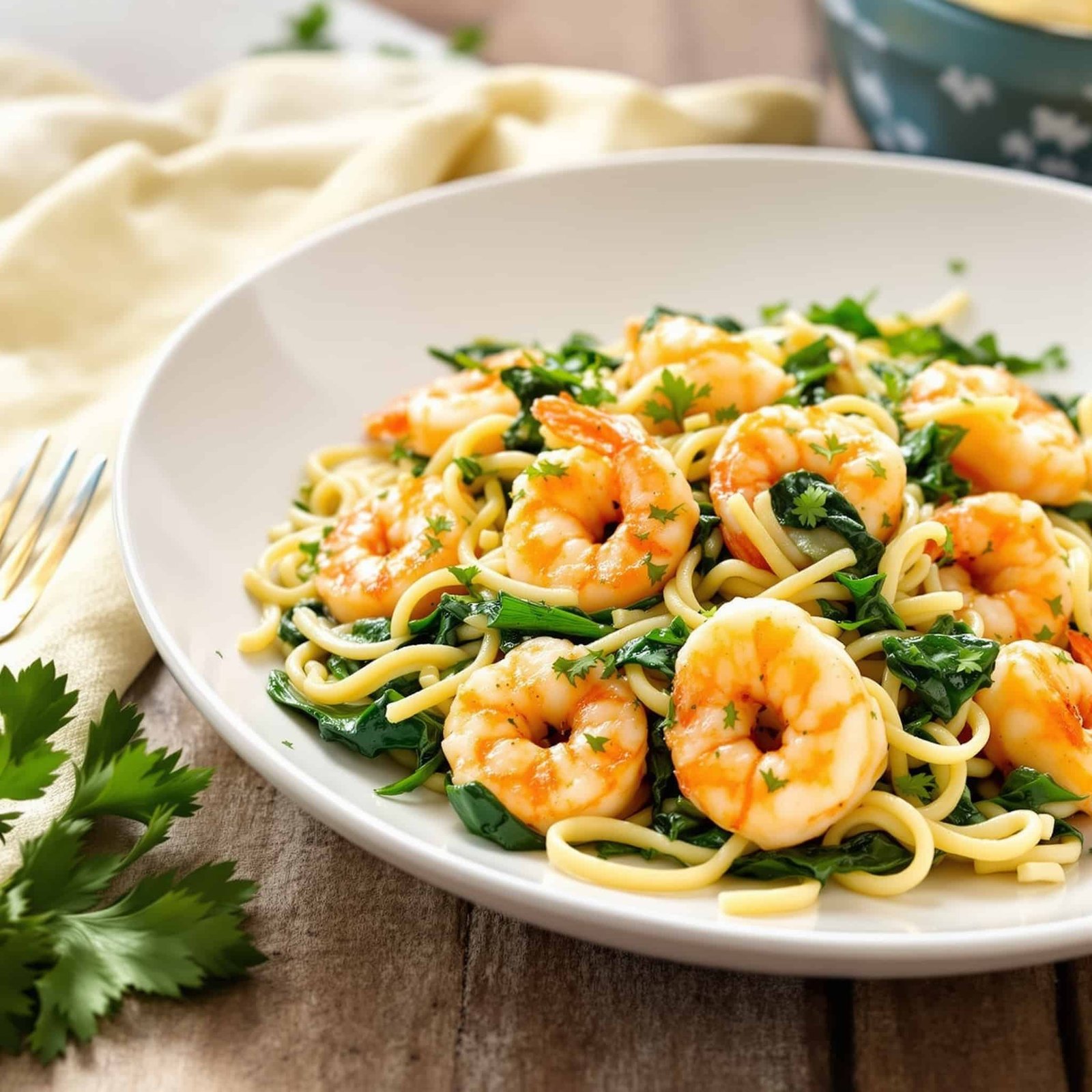 A colorful shrimp and orzo skillet with spinach garnished with parsley, served on a wooden table.
