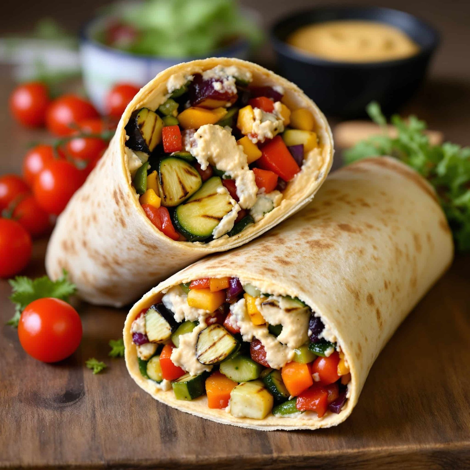 A healthy grilled vegetable and hummus wrap cut in half, showcasing colorful vegetables, served with cherry tomatoes.