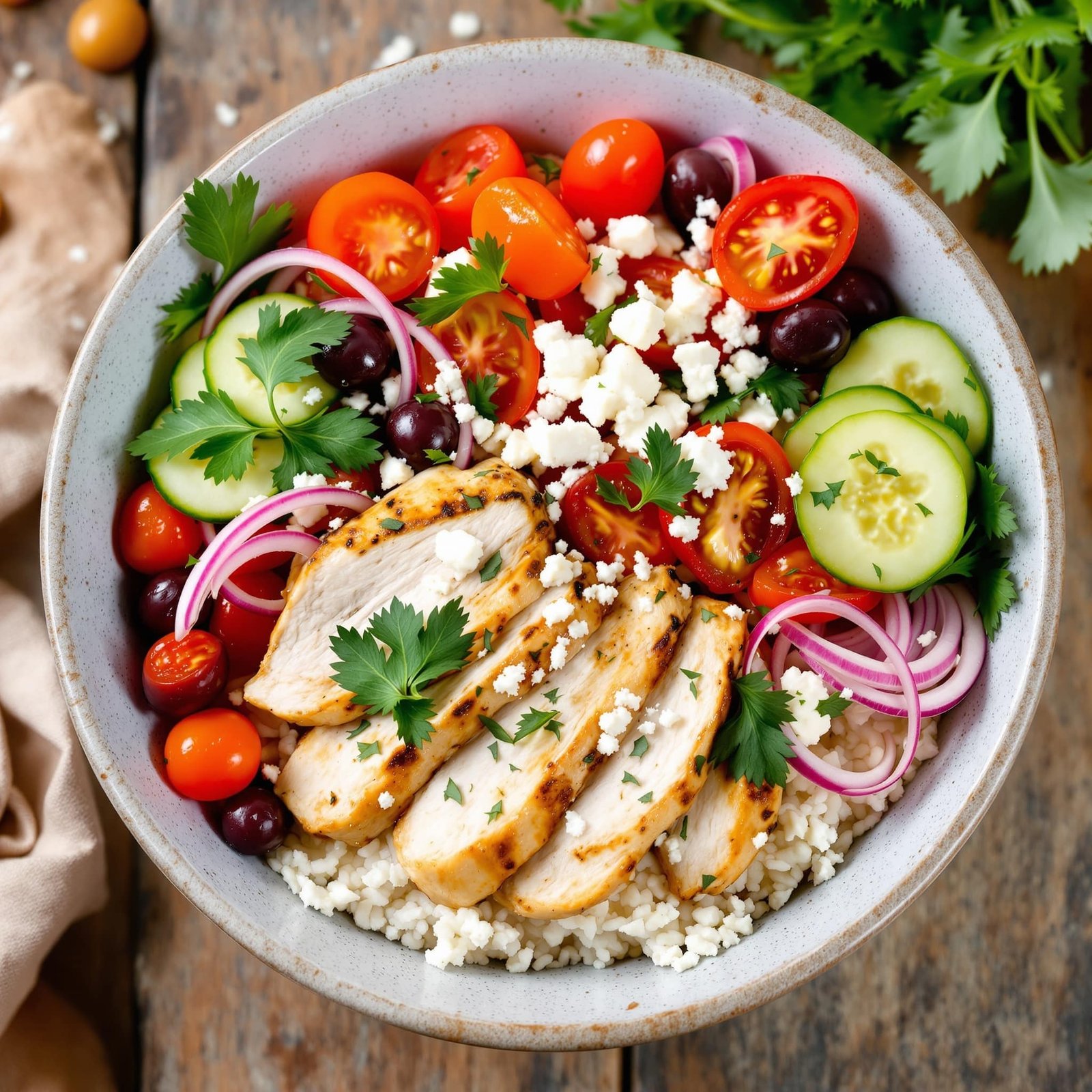 Mediterranean chicken and rice bowl with colorful vegetables and feta cheese.