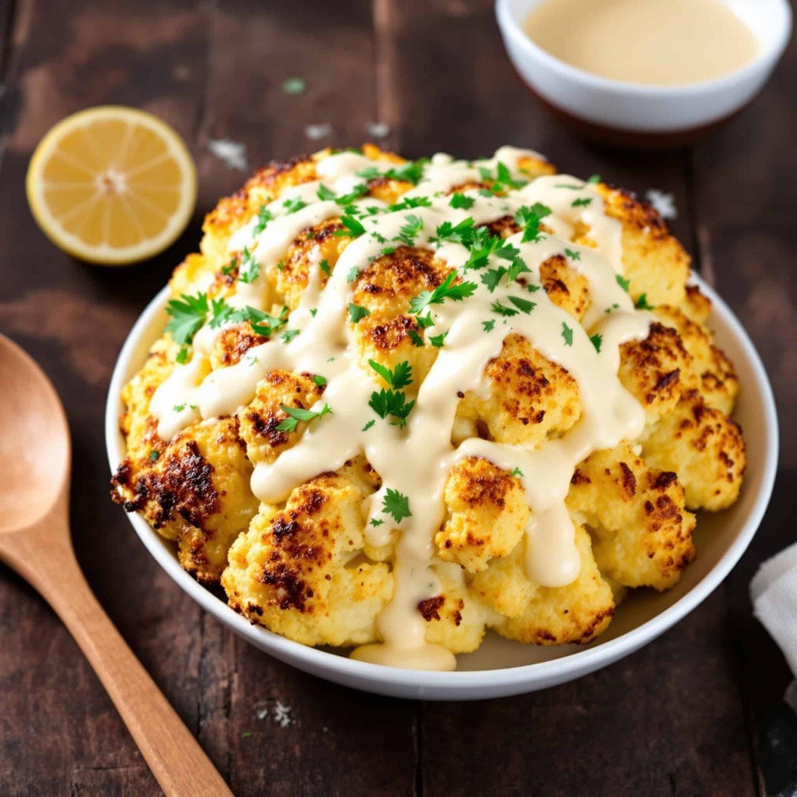 Golden roasted cauliflower drizzled with tahini sauce and garnished with parsley, ready to enjoy.