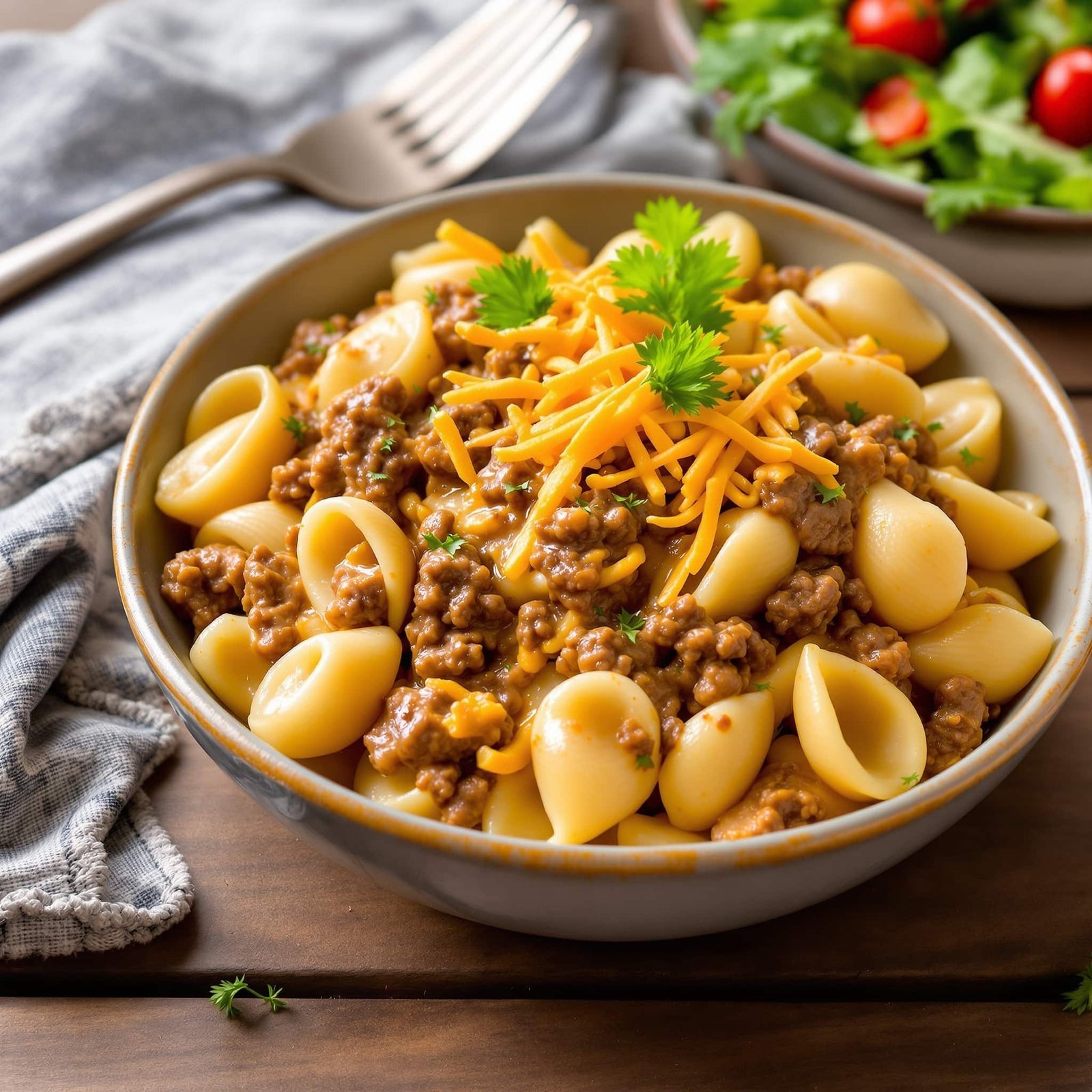 A comforting dish of creamy beef and shells topped with cheddar cheese and parsley, served on a rustic table.