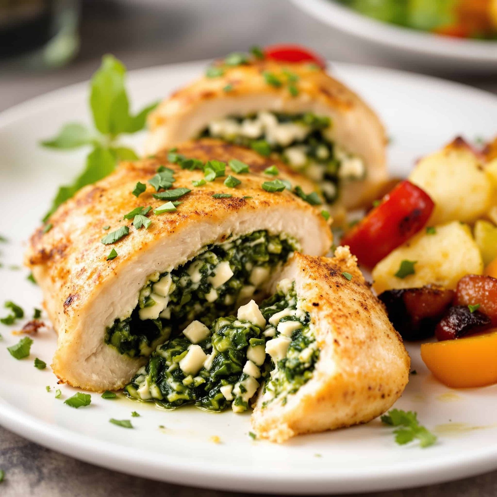 Stuffed chicken breast with spinach and feta filling, served with roasted vegetables on a white plate.