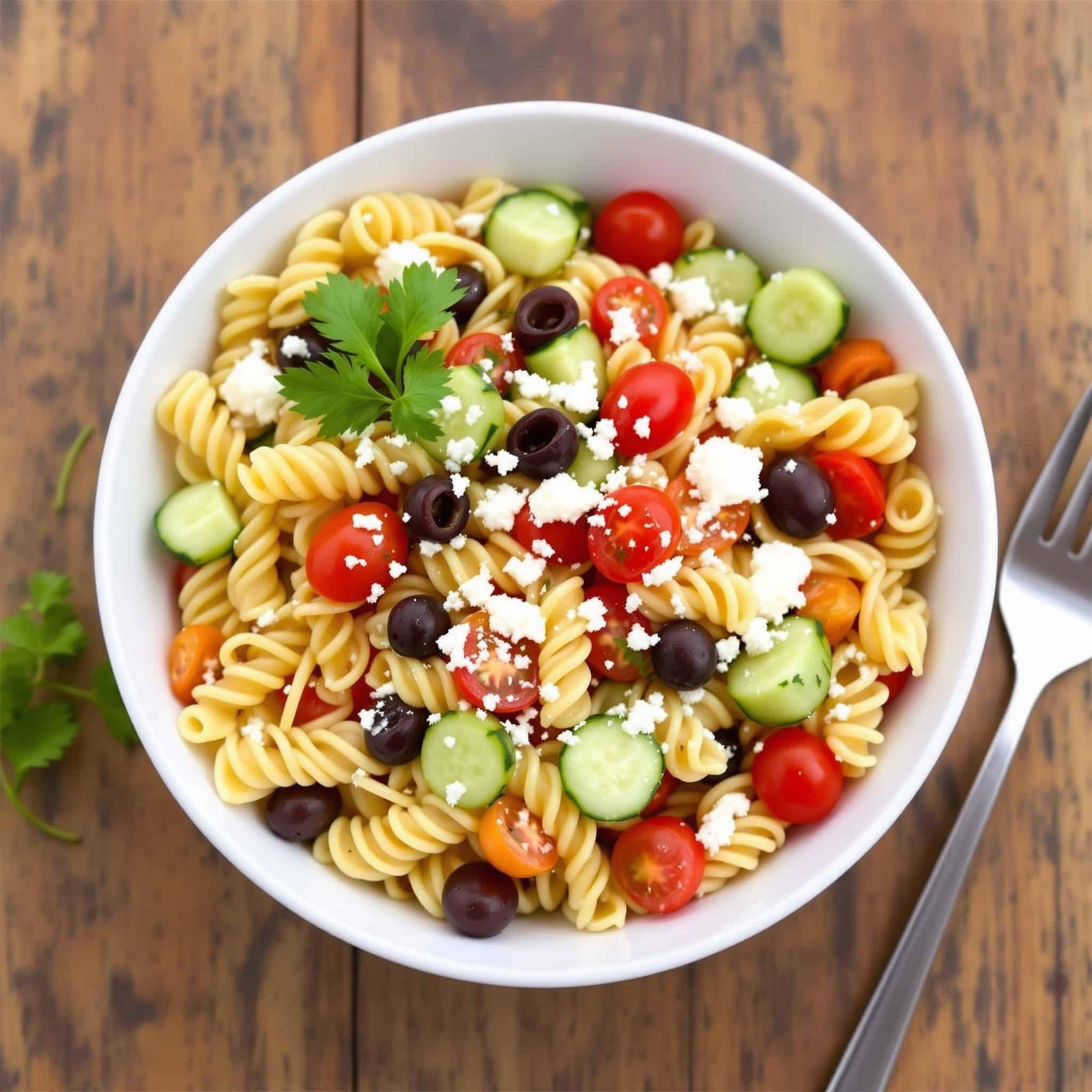 Mediterranean pasta salad with cherry tomatoes, cucumbers, olives, and feta cheese in a bowl.