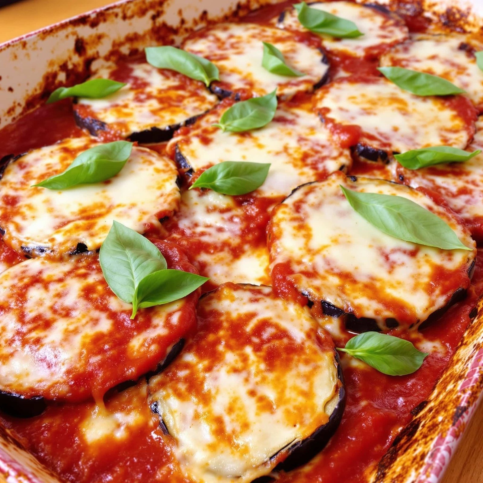 A delicious baked eggplant parmesan with layers of cheese and marinara, garnished with basil.