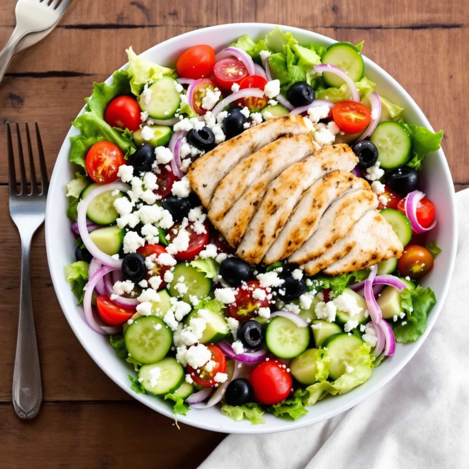 A Greek salad with grilled chicken, mixed greens, cherry tomatoes, cucumbers, olives, and feta on a wooden table.