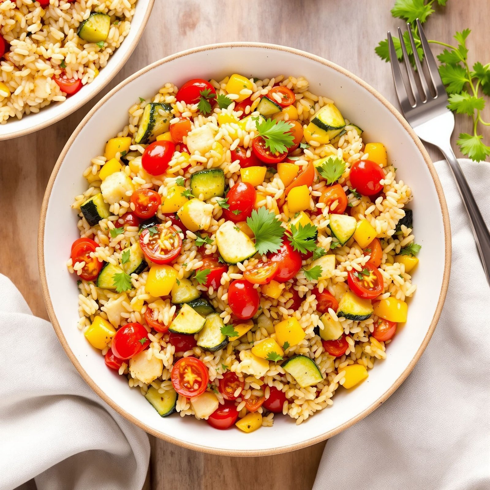 Bowl of Mediterranean brown rice with roasted vegetables, garnished with parsley on a rustic wooden table.