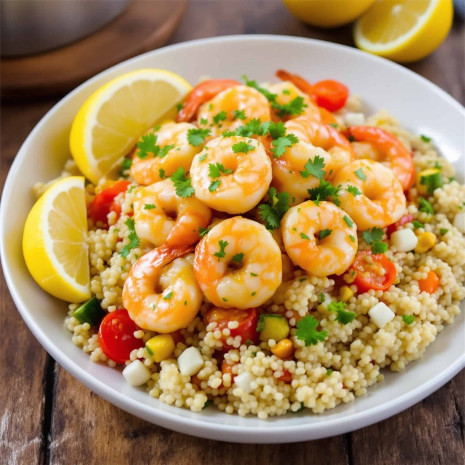 A delicious serving of lemon garlic shrimp on quinoa, garnished with parsley and lemon wedges on a rustic table.