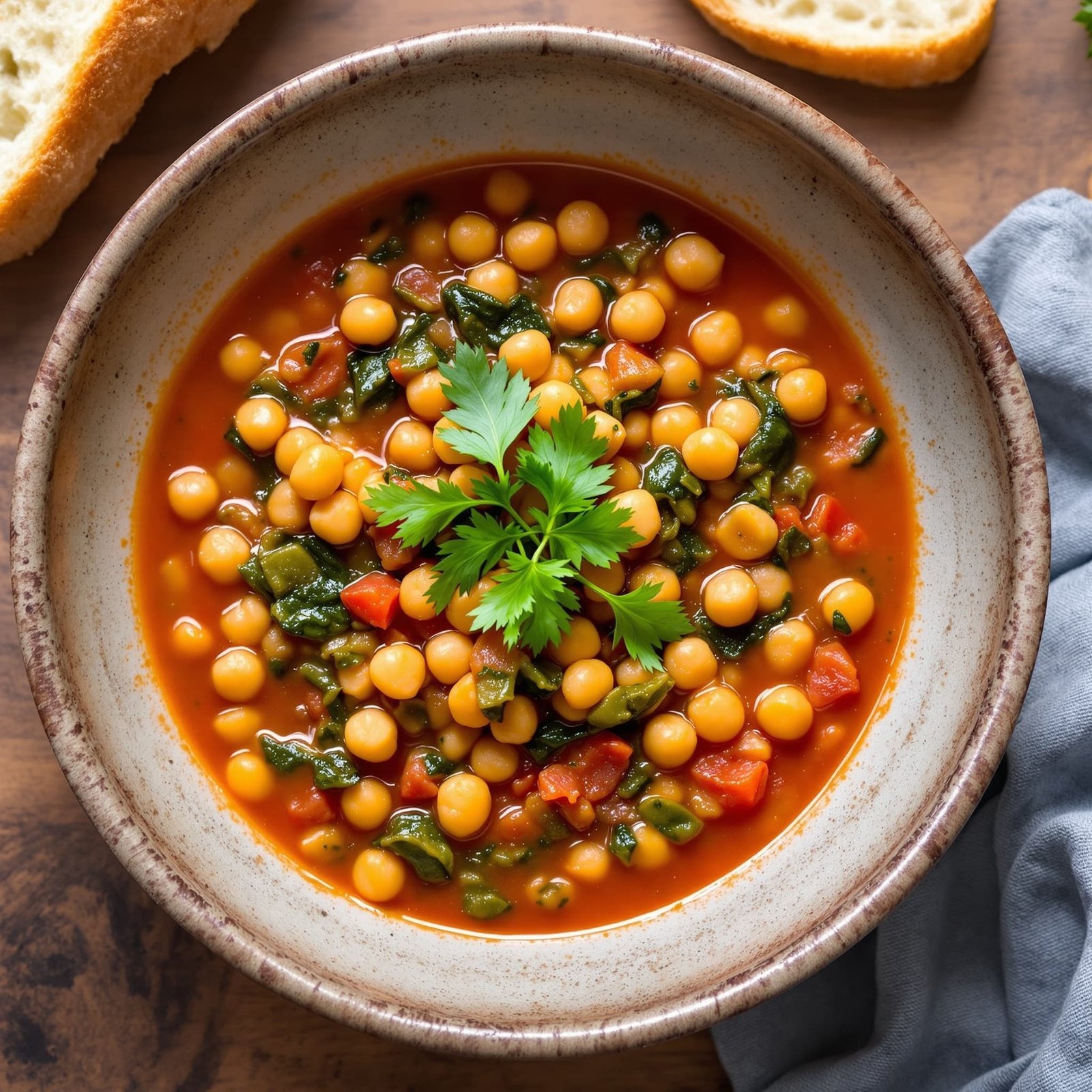 A hearty Mediterranean Chickpea and Tomato Stew with spinach and parsley in a rustic bowl, served with crusty bread.