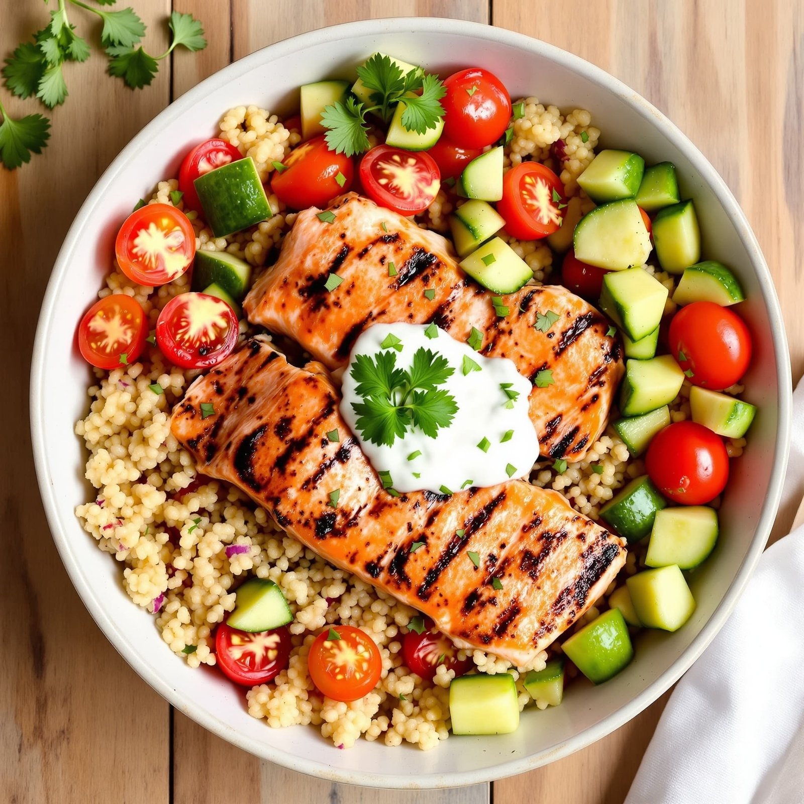 Grilled Salmon Greek Bowl with quinoa, cherry tomatoes, cucumber, tzatziki sauce, and parsley.