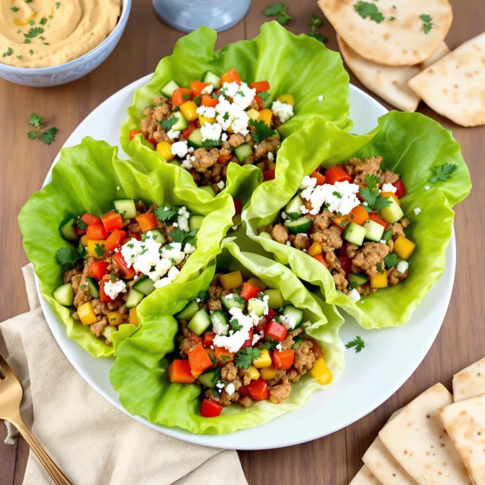 Mediterranean turkey lettuce wraps filled with ground turkey and vegetables on a plate with hummus.