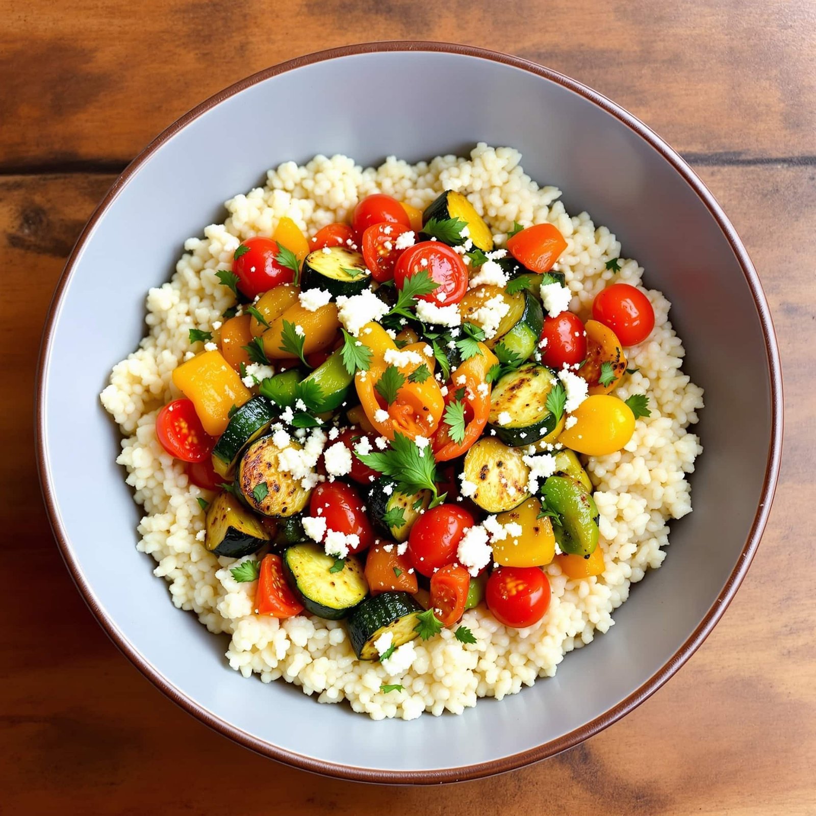 A colorful roasted vegetable couscous bowl with zucchini, peppers, and tomatoes, garnished with herbs and feta.