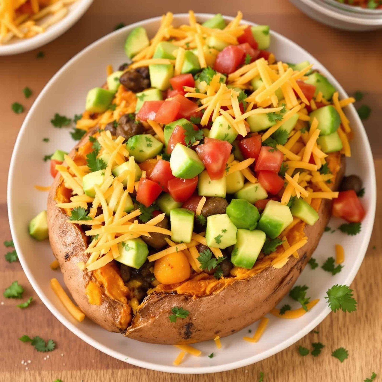 A plate of taco stuffed sweet potatoes with ground beef, avocado, cheese, and salsa, garnished with cilantro.