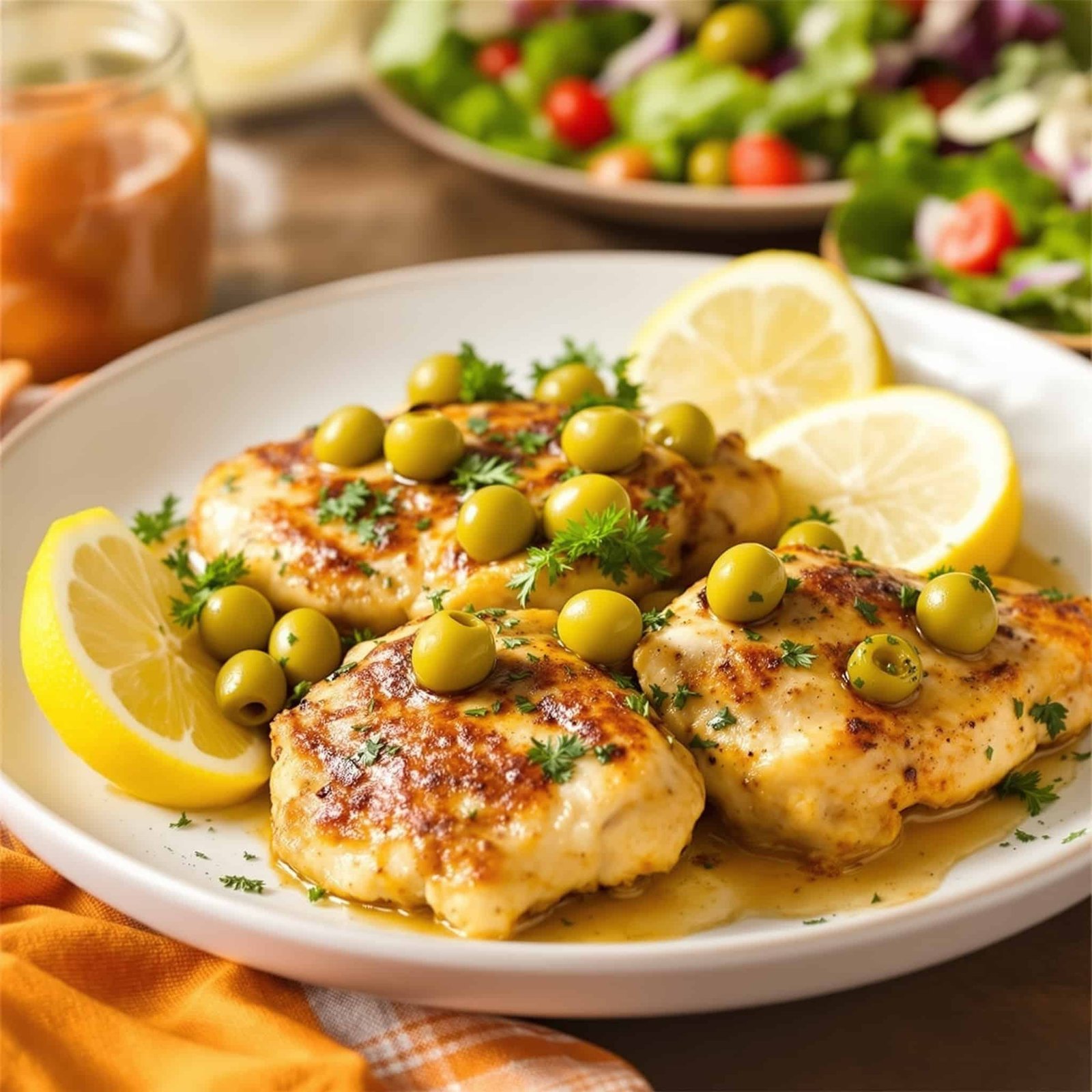 Garlic Herb Chicken with Olives served with lemon slices and fresh herbs on a rustic table.