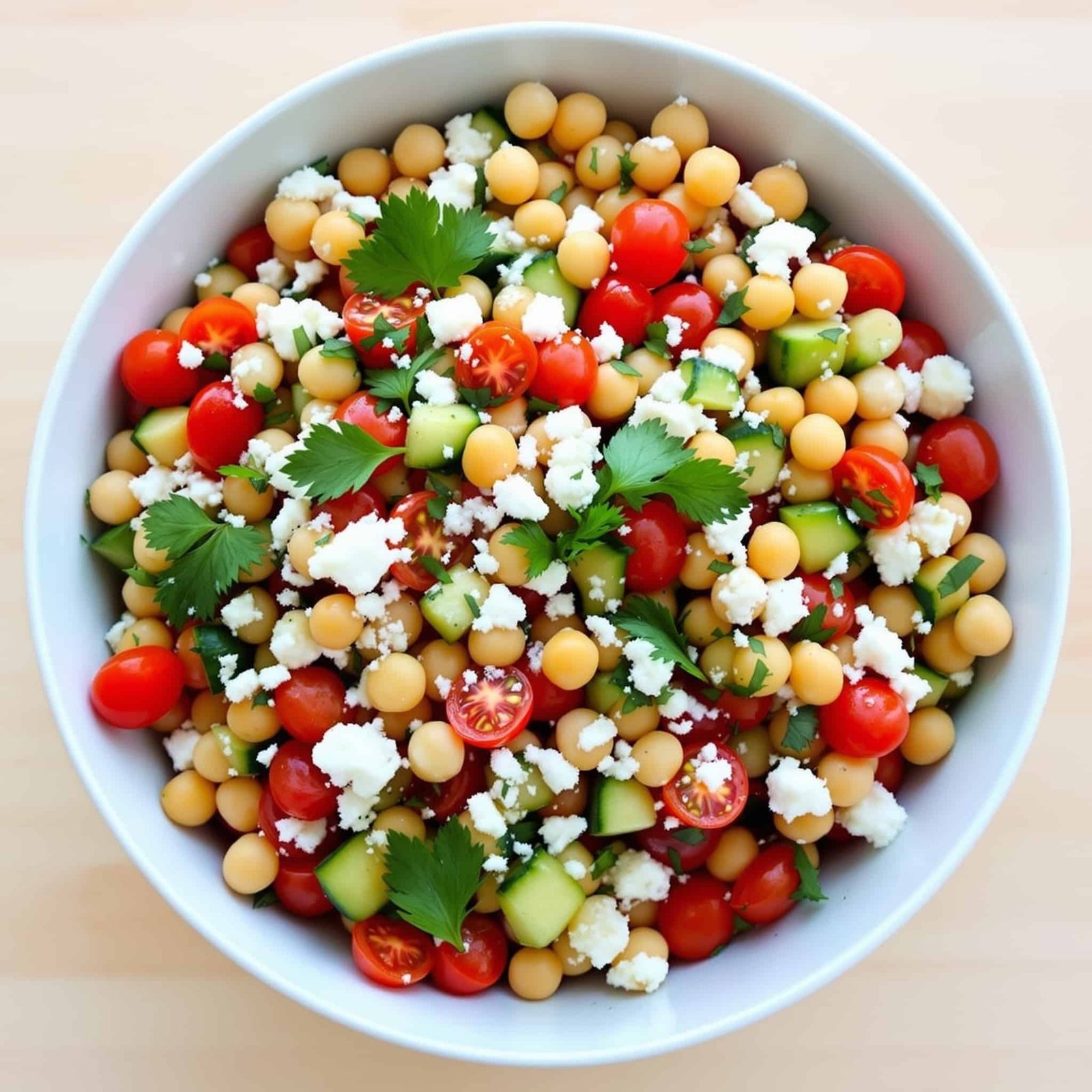 A vibrant Mediterranean Bean Salad with chickpeas, kidney beans, cucumbers, tomatoes, and feta on a rustic wooden table.