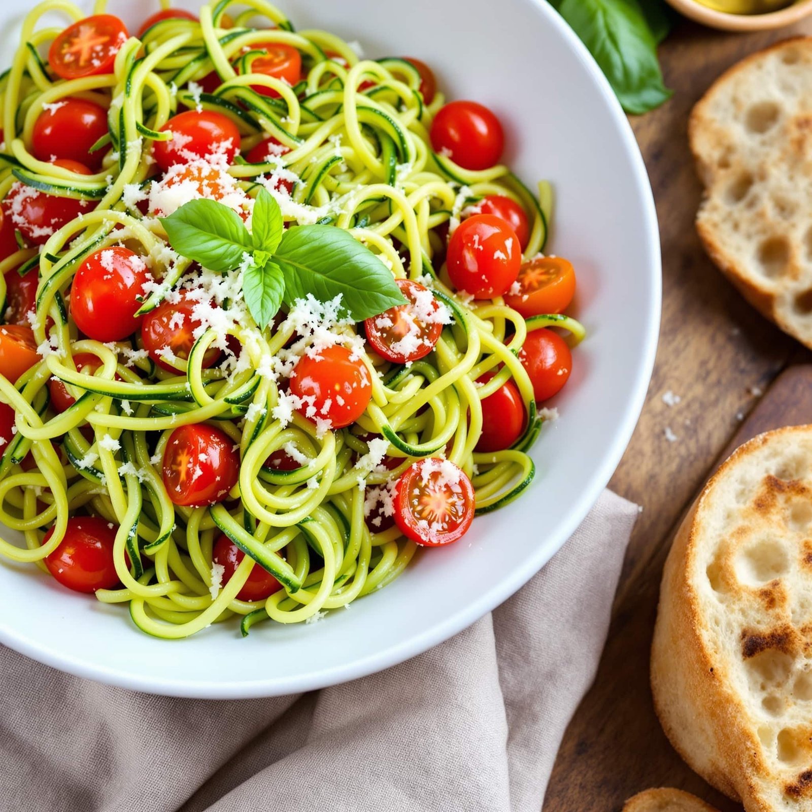 Zucchini noodles mixed with tomatoes and basil in a bowl, topped with Parmesan cheese.