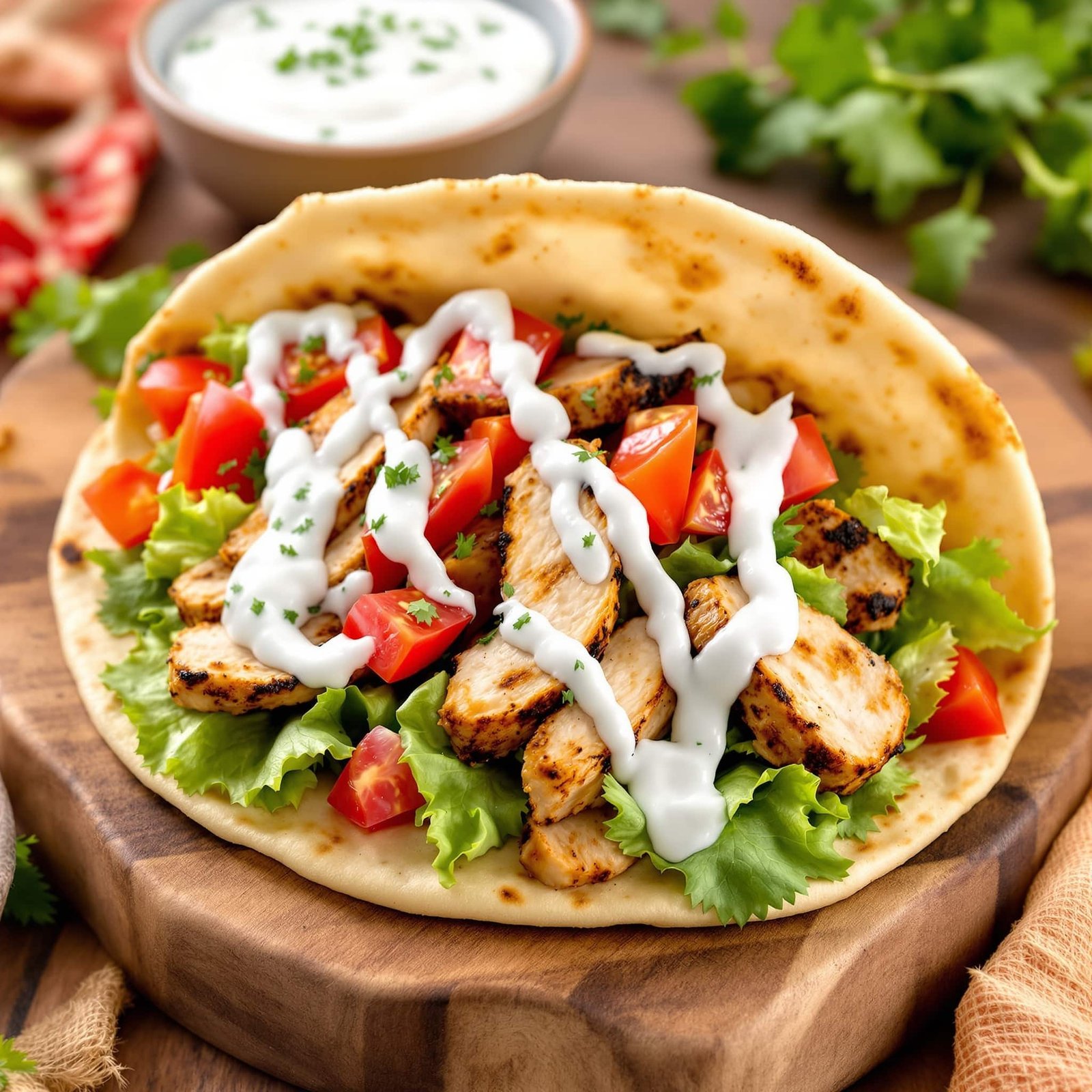 Grilled chicken pita with tzatziki, filled with lettuce and tomatoes, served on a wooden board with a bowl of tzatziki.