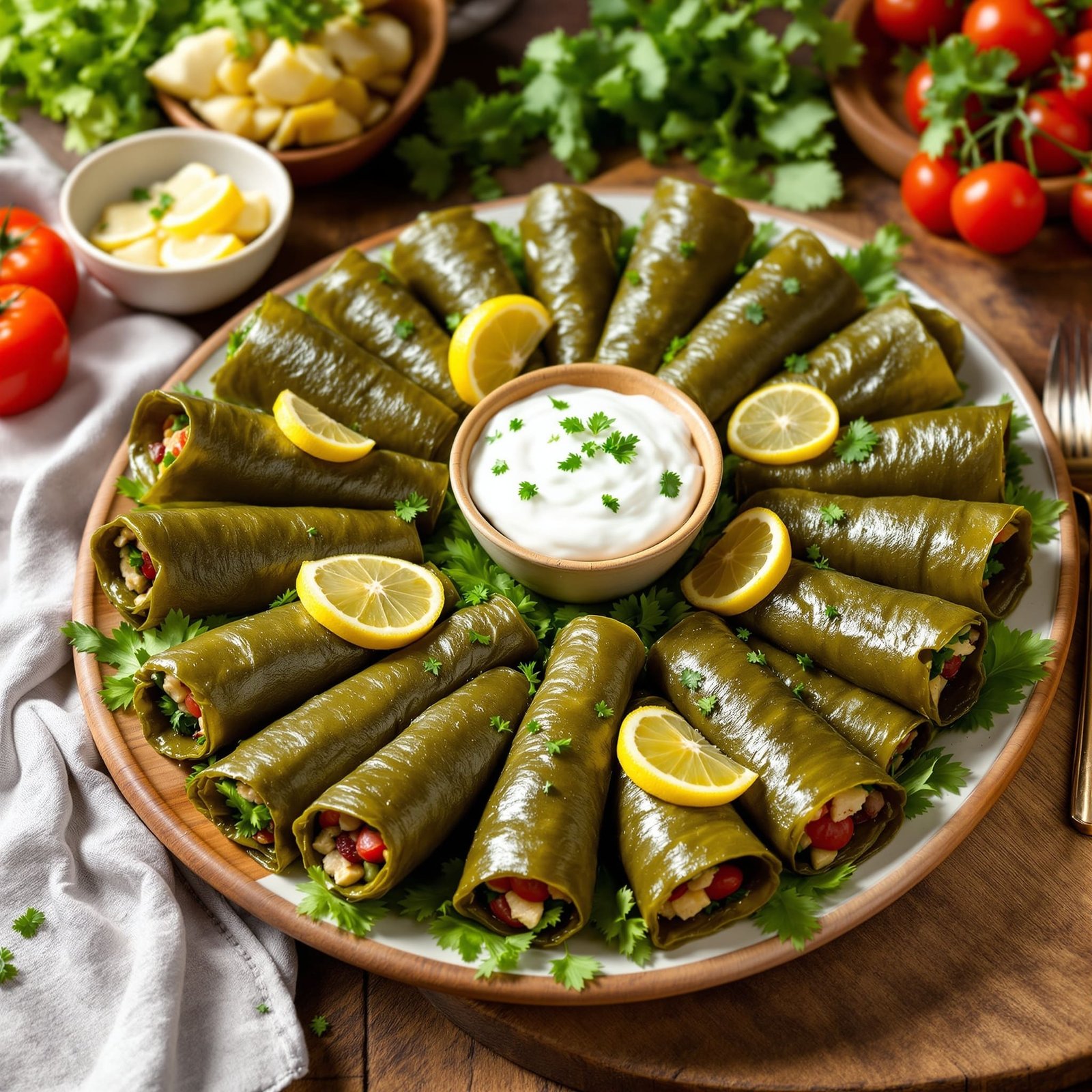 A platter of Mediterranean stuffed grape leaves with lemon slices and yogurt dip, set on a rustic wooden table.