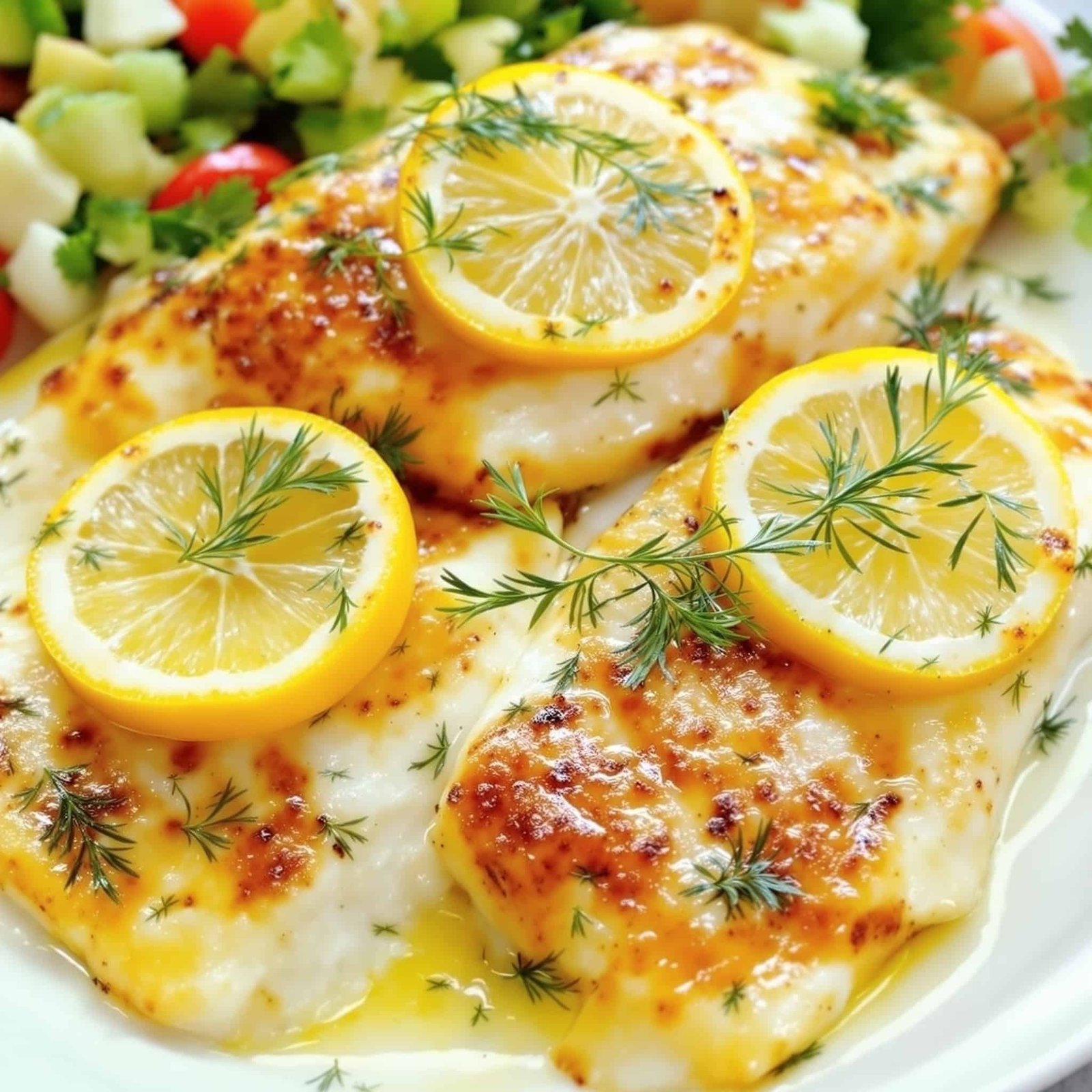 Baked tilapia fillets garnished with lemon and dill on a plate with a side of vegetables.
