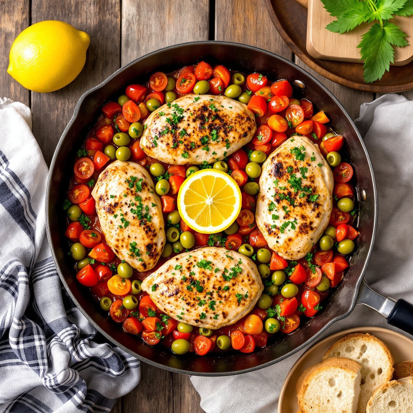 Mediterranean Chicken Skillet with Tomatoes featuring chicken, tomatoes, and olives on a rustic table with lemon and bread.
