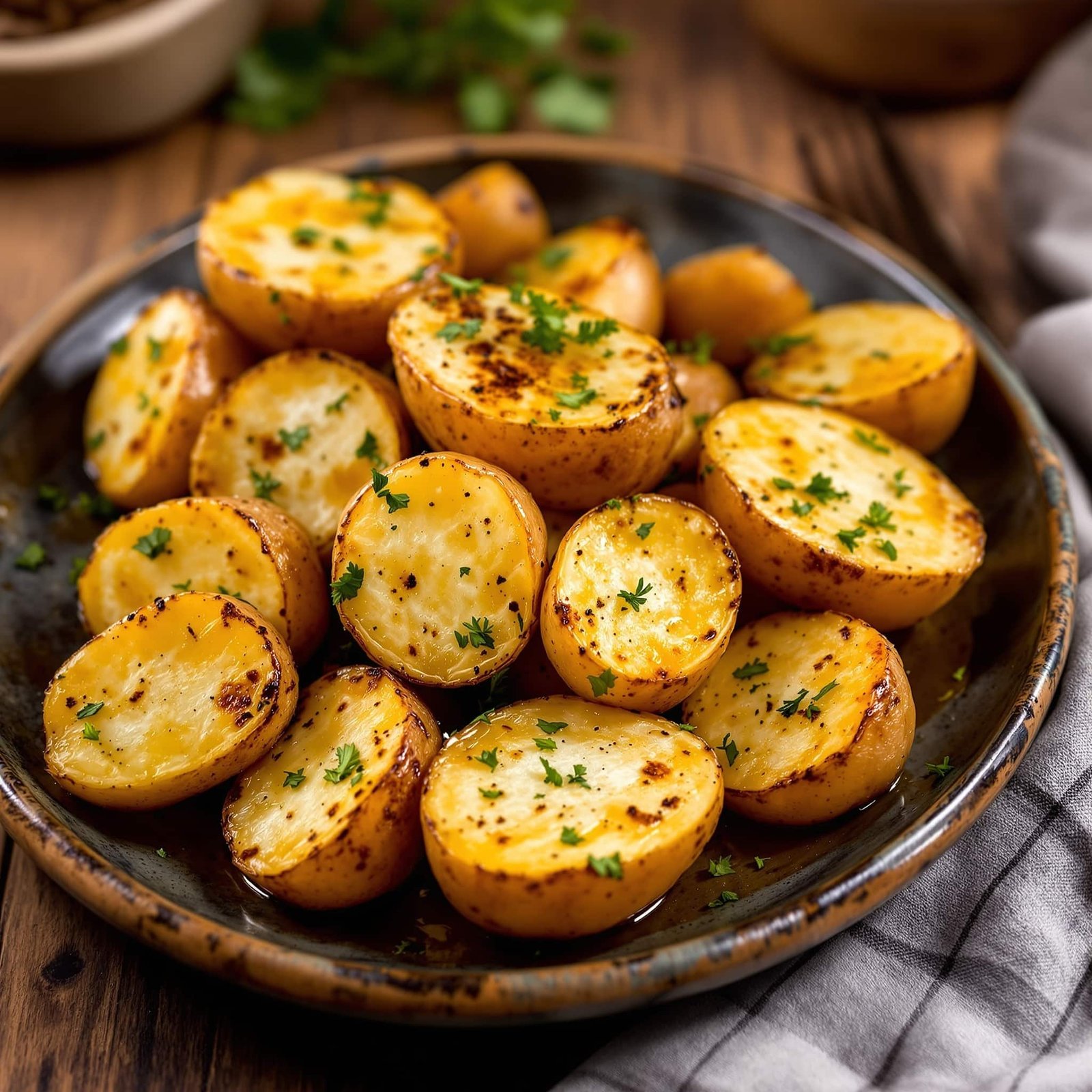 Baked potatoes with herbs on a plate, garnished with parsley, with a rustic table in the background.