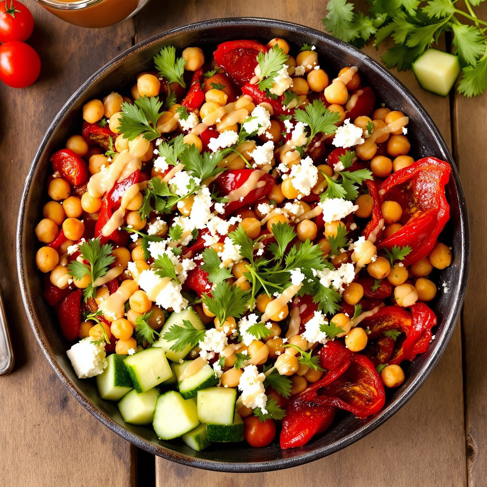 A healthy roasted red pepper and chickpea bowl, colorful with various vegetables and garnished with parsley and feta.