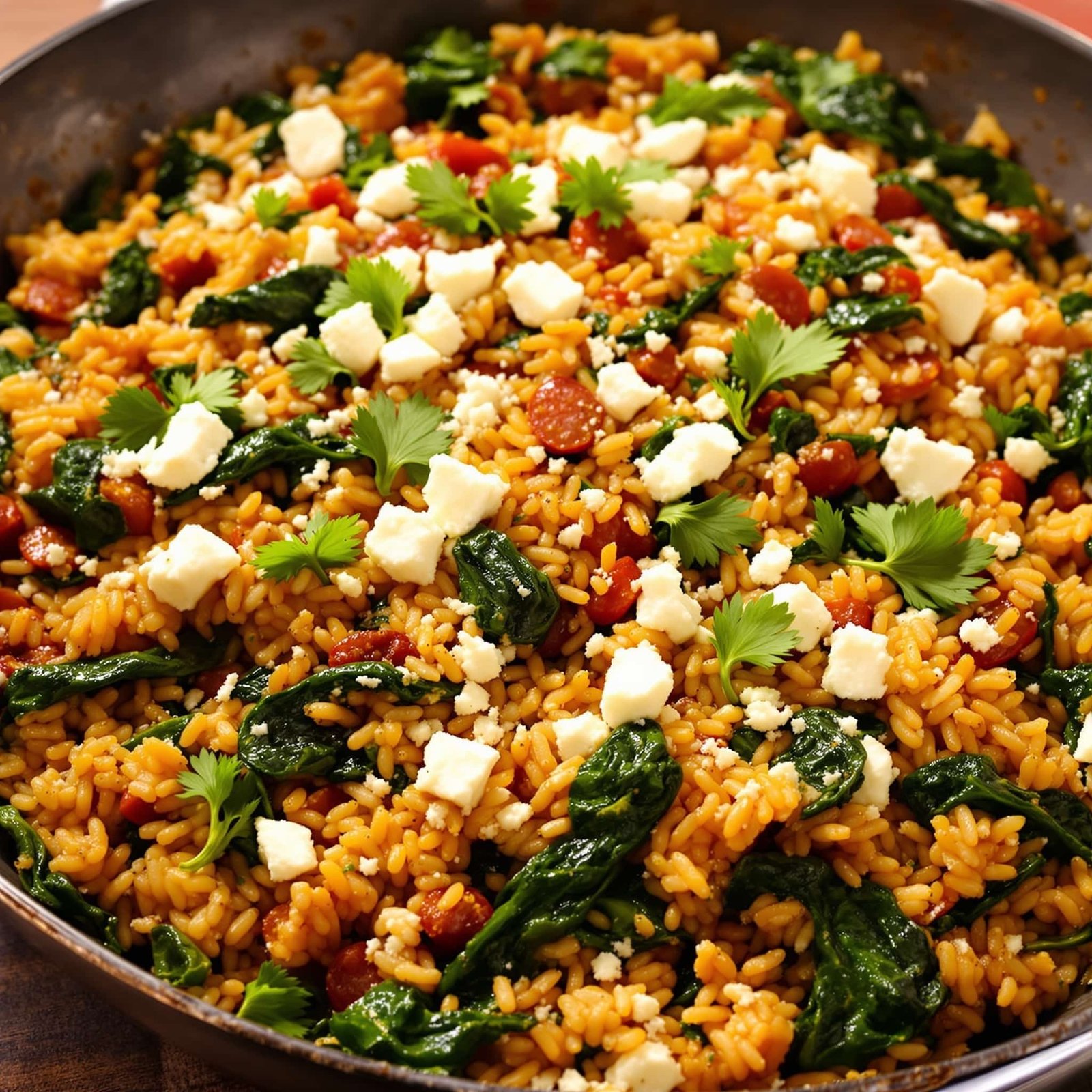 Mediterranean spinach and rice skillet garnished with parsley and feta, served in a pan.