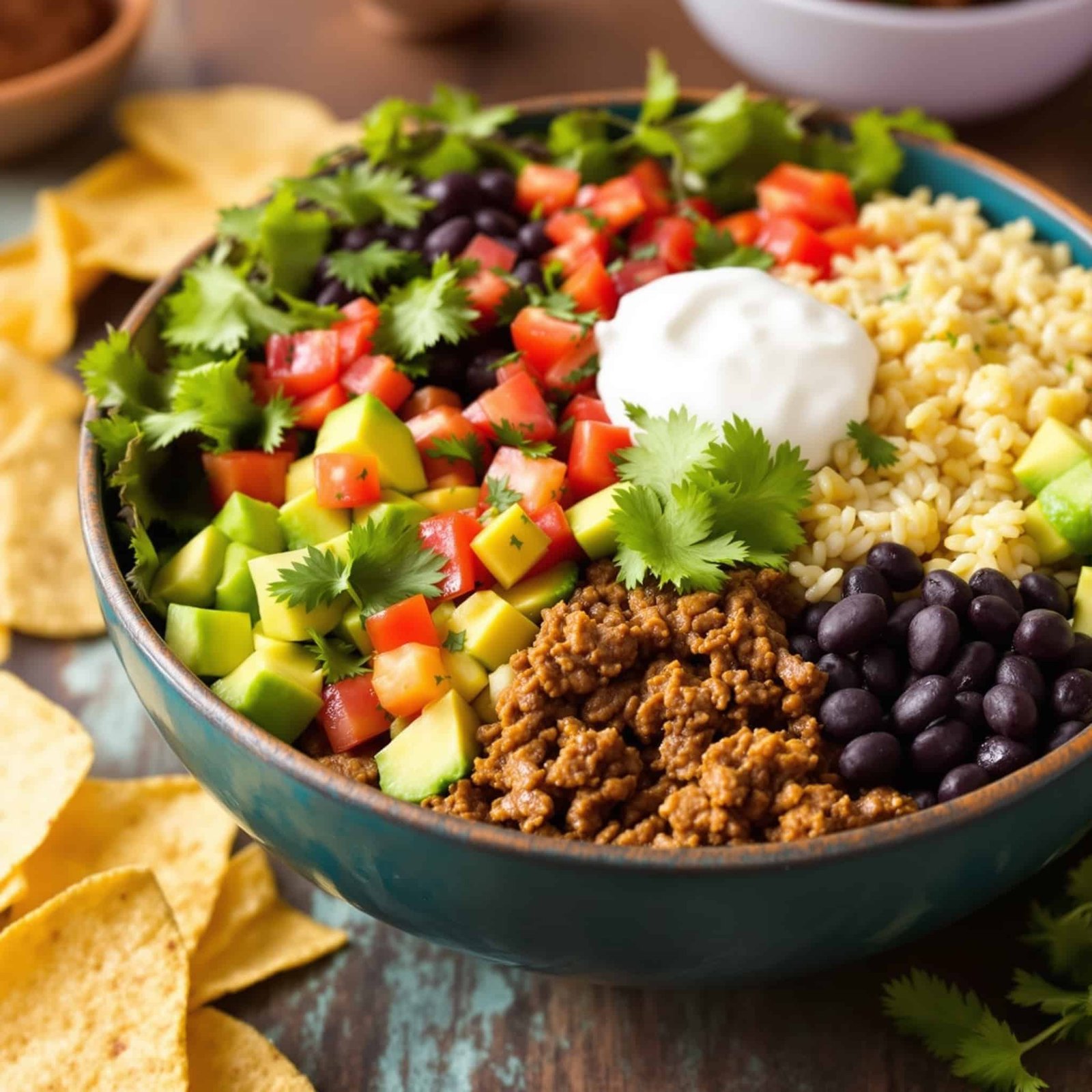 A colorful Beef Burrito Bowl with ground beef, rice, black beans, tomatoes, avocado, and lettuce, garnished with cilantro and sour cream, served with tortilla chips.