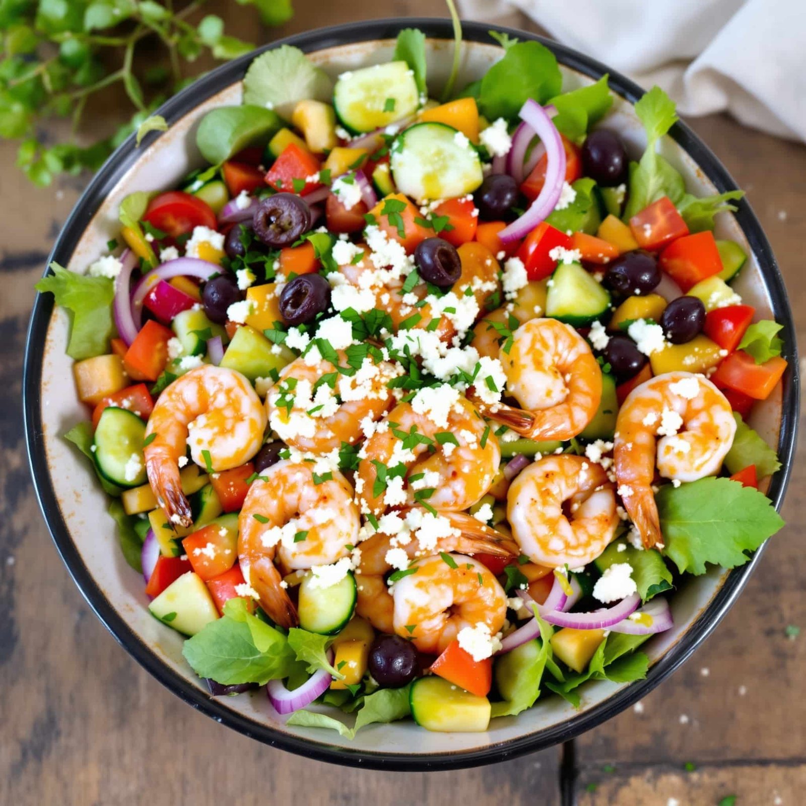 A fresh Greek salad with grilled shrimp, feta cheese, tomatoes, olives, and cucumbers, served in a colorful bowl.