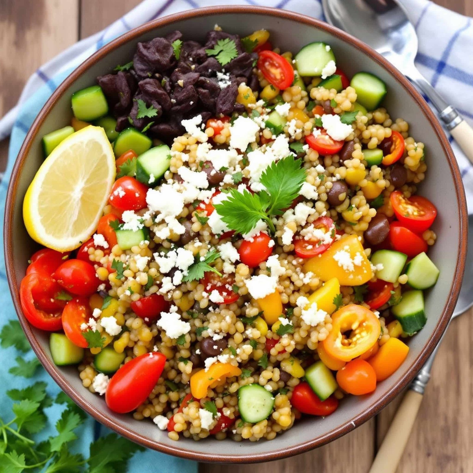 A colorful Mediterranean Lentil and Quinoa Bowl with cherry tomatoes, cucumber, bell pepper, and feta cheese on a wooden table.